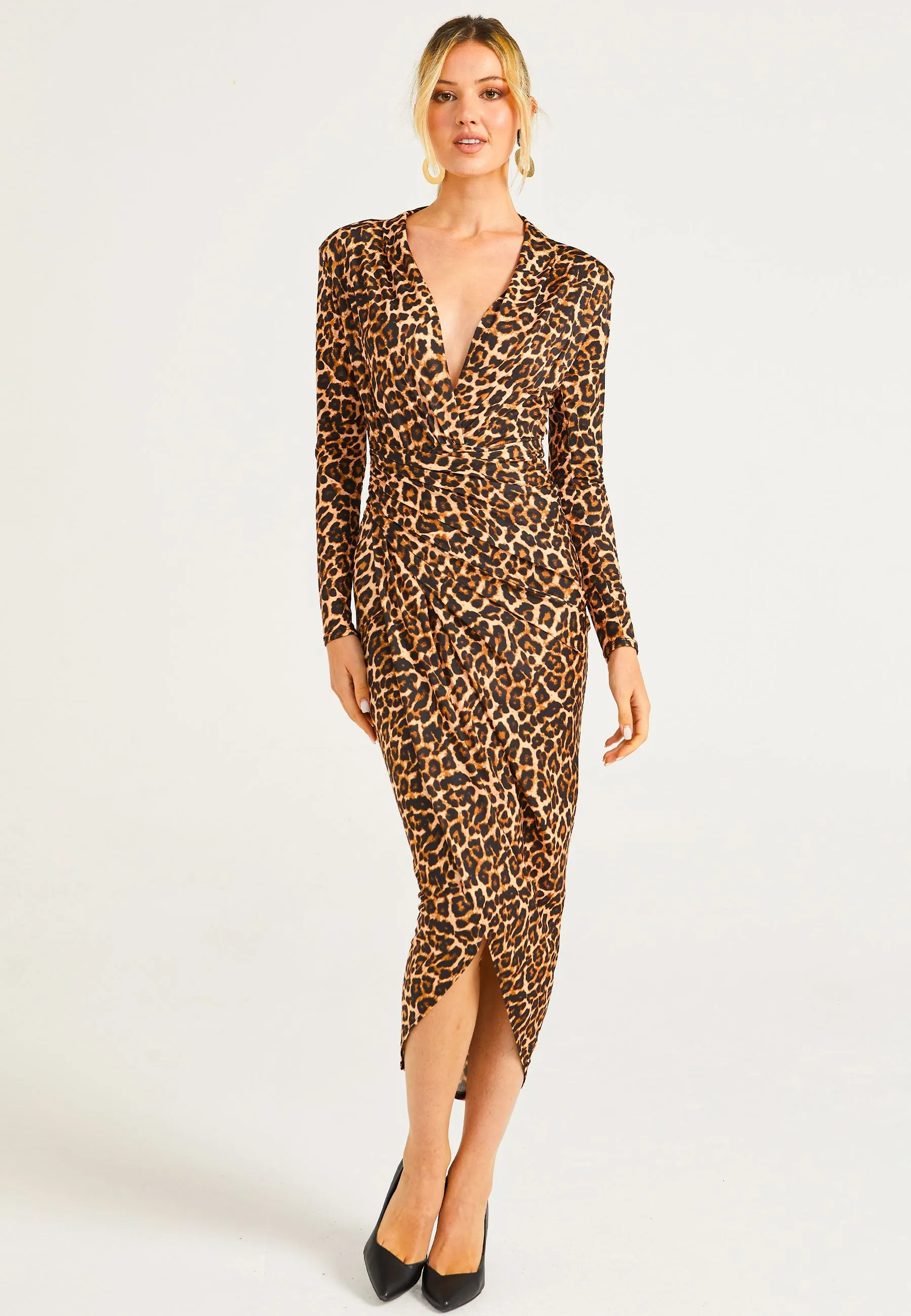 Plunge Neck Faux Wrap Print Midi Dress In Leopard by Angeleye sold by Goddiva