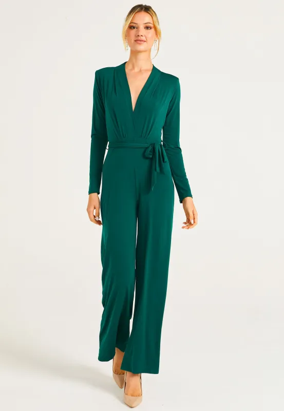 Plunge Neck Wide Leg Jumpsuit With Long Sleeves In Green by Angeleye sold by Goddiva