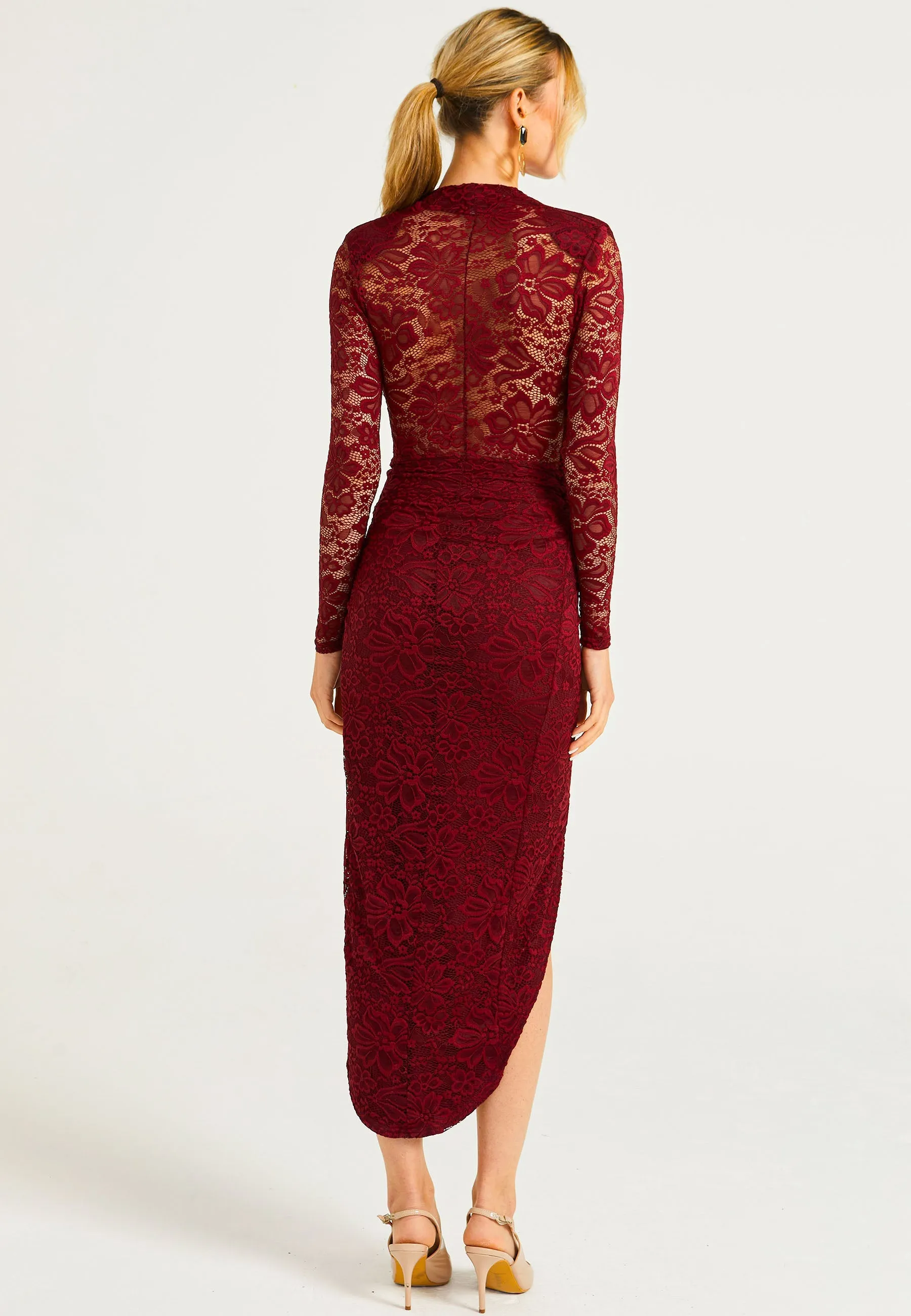 Lace Plunge Neck Faux Wrap Midi Dress In Burgundy by Angeleye sold by Goddiva product image thumbnail 5