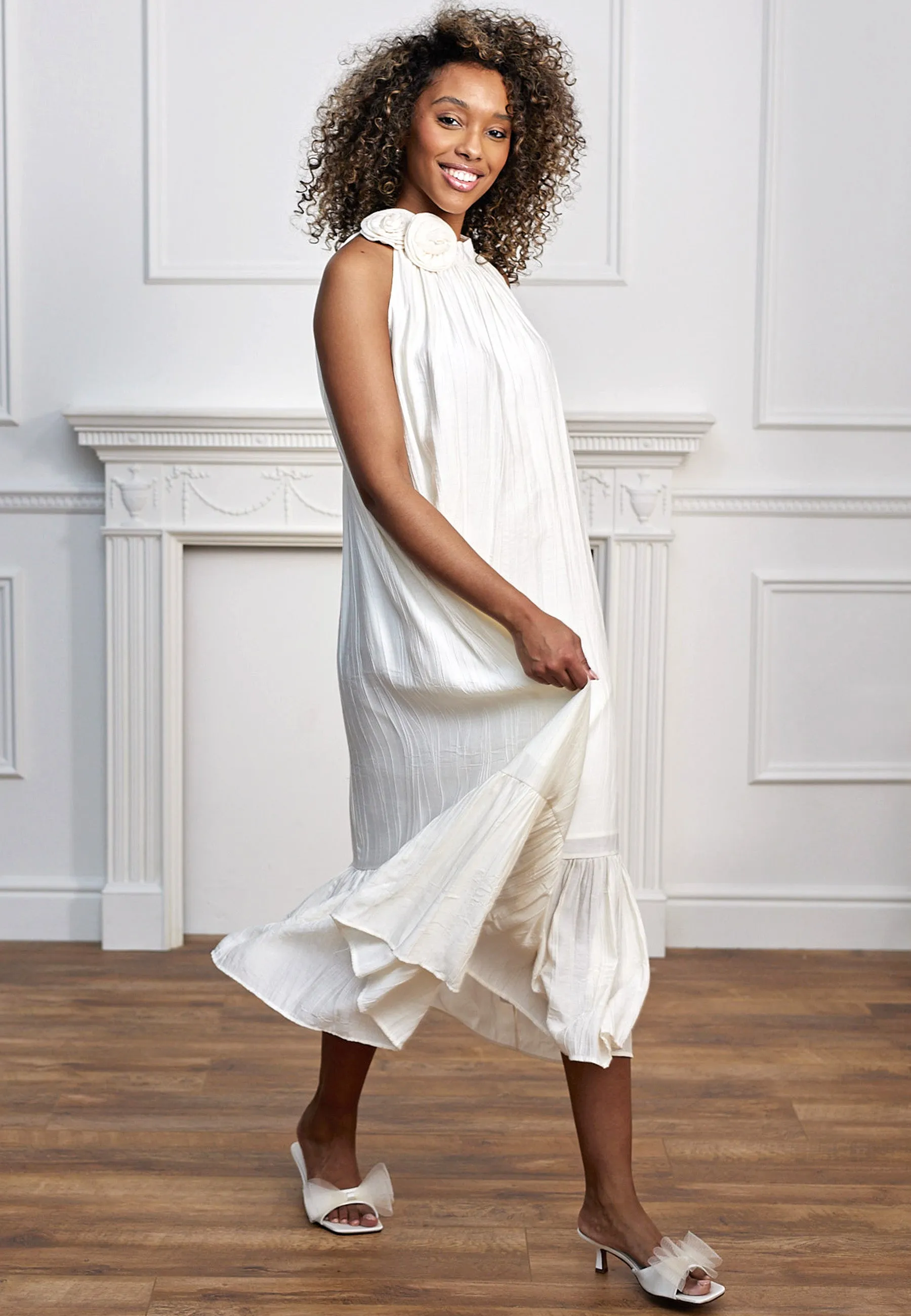 Halterneck Midi Dress With Rose Detail In Cream by Angeleye sold by Goddiva product image thumbnail 2