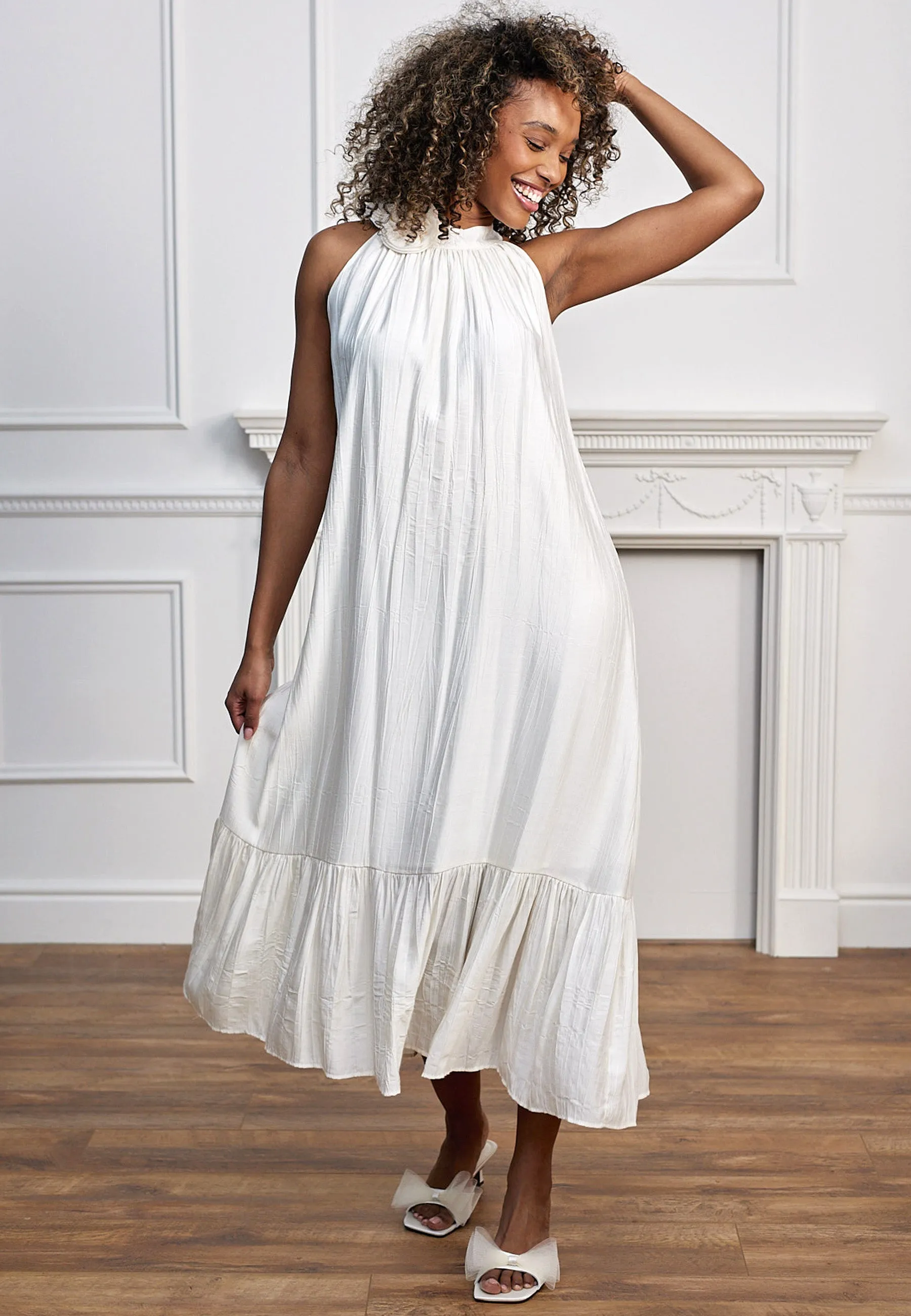 Halterneck Midi Dress With Rose Detail In Cream by Angeleye sold by Goddiva