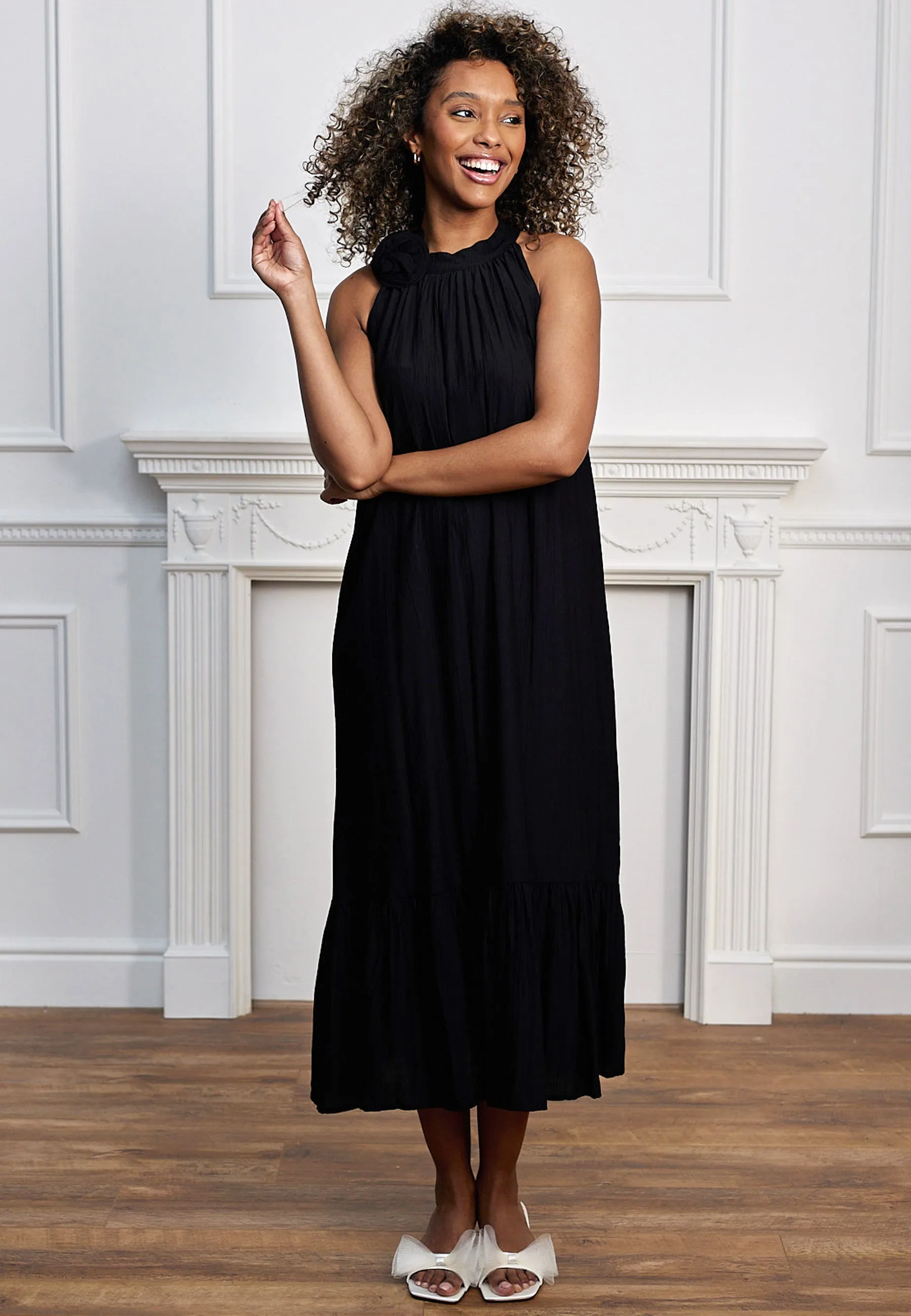 Halterneck Midi Dress With Rose Detail In Black by Angeleye sold by Goddiva product image thumbnail 3