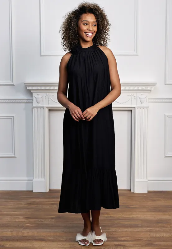 Halterneck Midi Dress With Rose Detail In Black by Angeleye sold by Goddiva