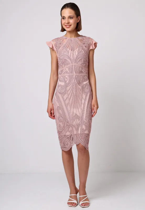 Bodycon Lace Midi Dress In Rose Pink by Angeleye sold by Goddiva