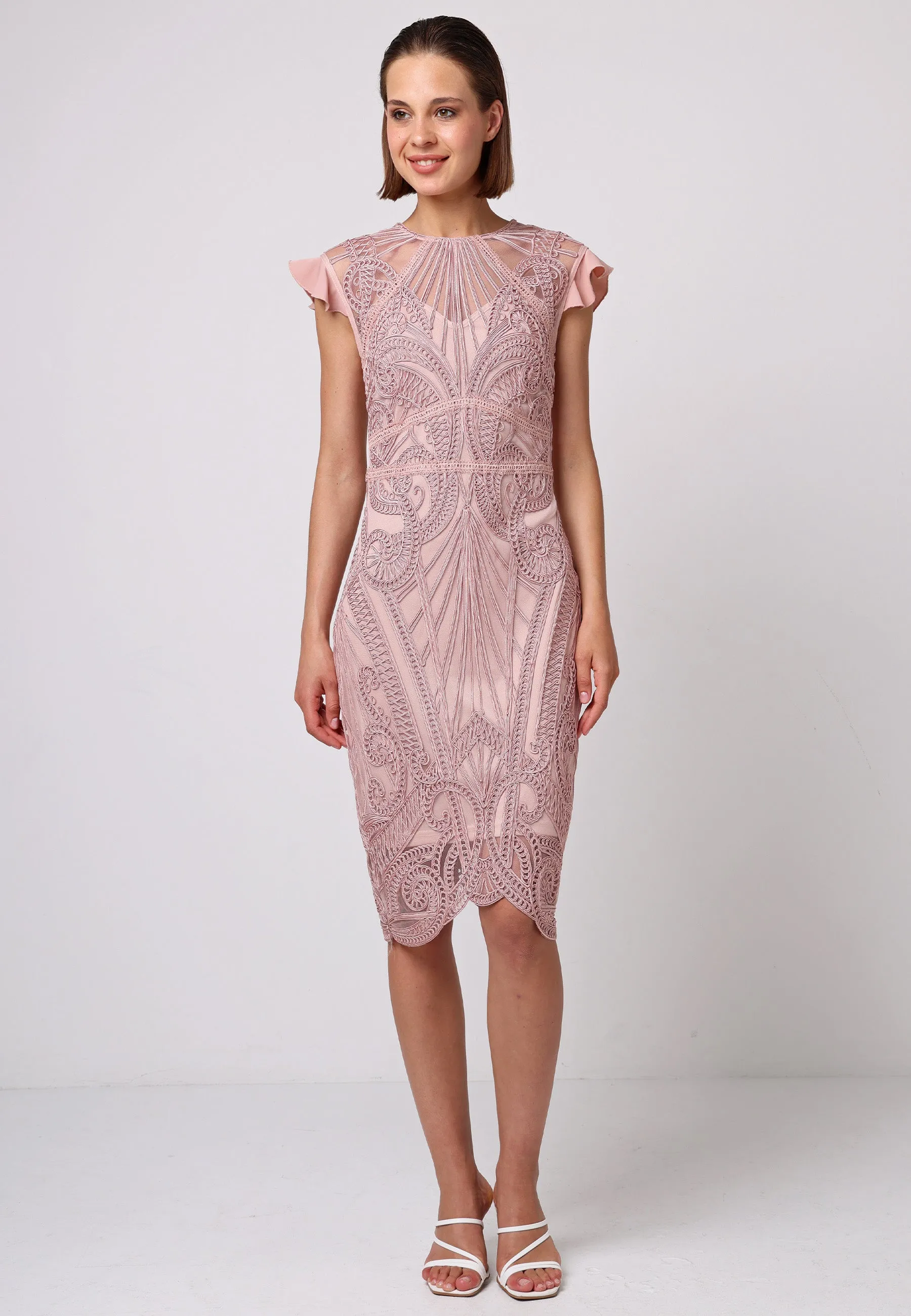 Bodycon Lace Midi Dress In Rose Pink by Angeleye sold by Goddiva