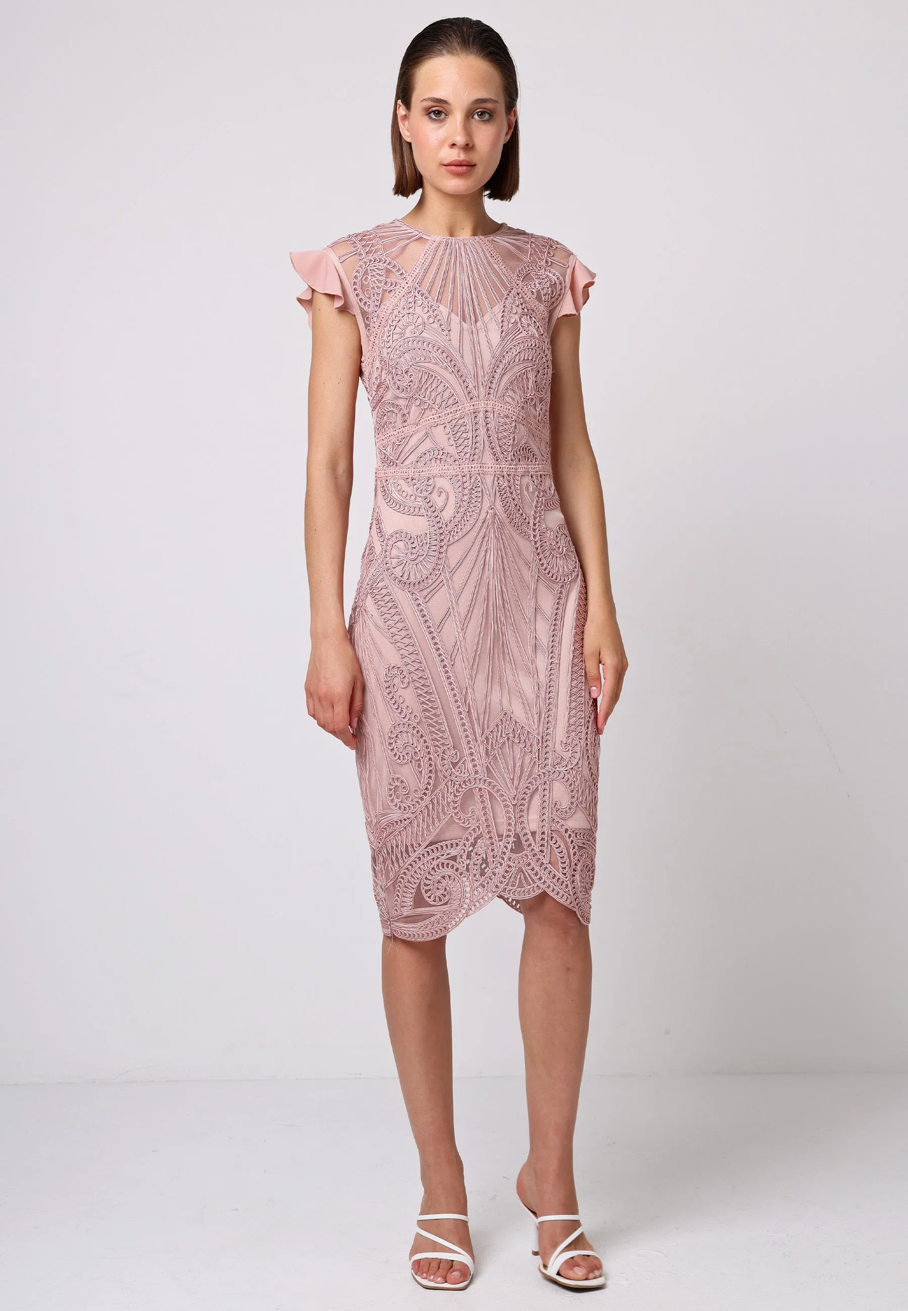 Bodycon Lace Midi Dress In Rose Pink by Angeleye sold by Goddiva product image thumbnail 3