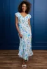 Flutter Sleeve Maxi Dress With Tie Belt In White Blue Floral by Angeleye sold by Goddiva