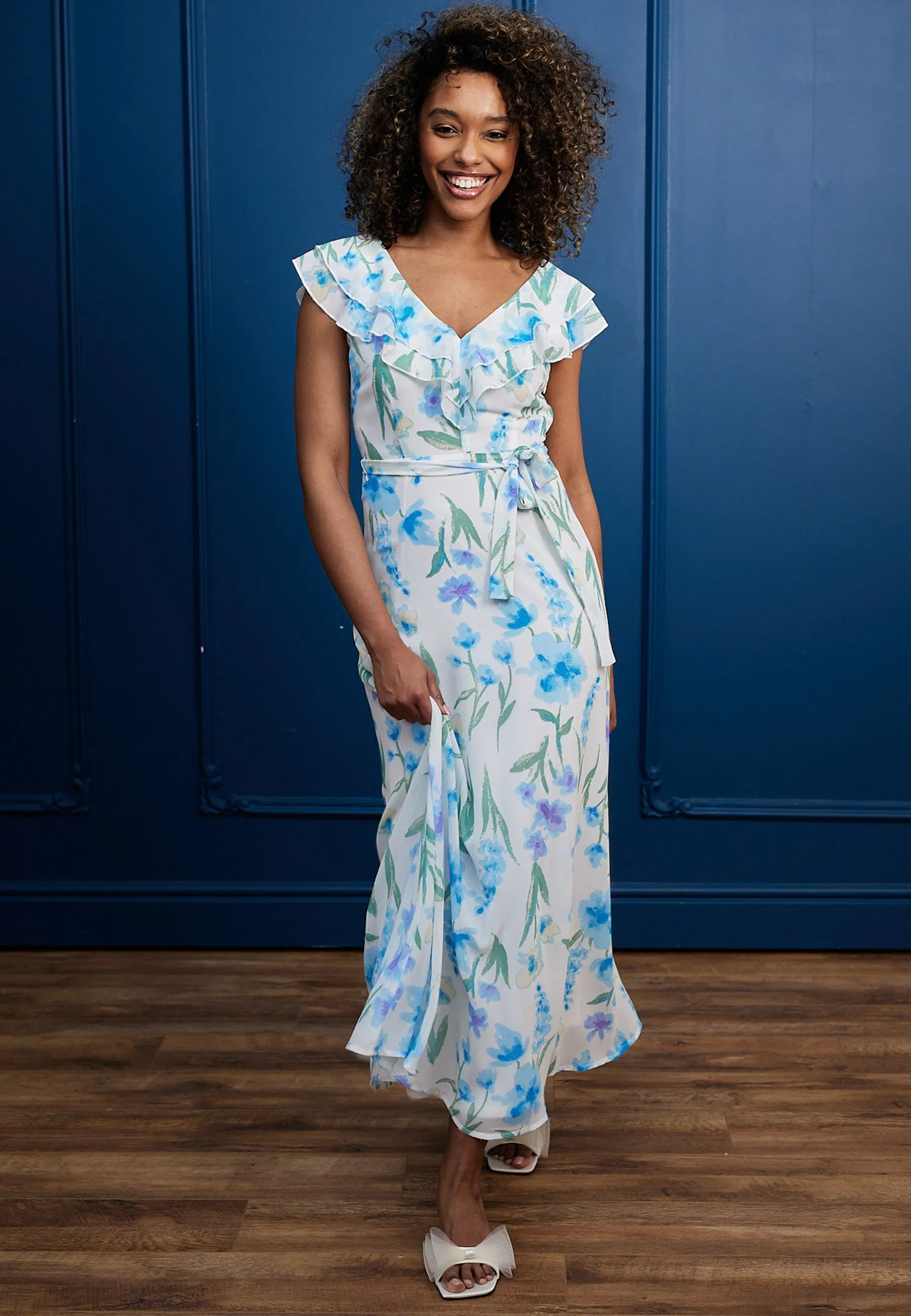 Flutter Sleeve Maxi Dress With Tie Belt In White Blue Floral by Angeleye sold by Goddiva product image thumbnail 4