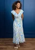 Flutter Sleeve Maxi Dress With Tie Belt In White Blue Floral by Angeleye sold by Goddiva
