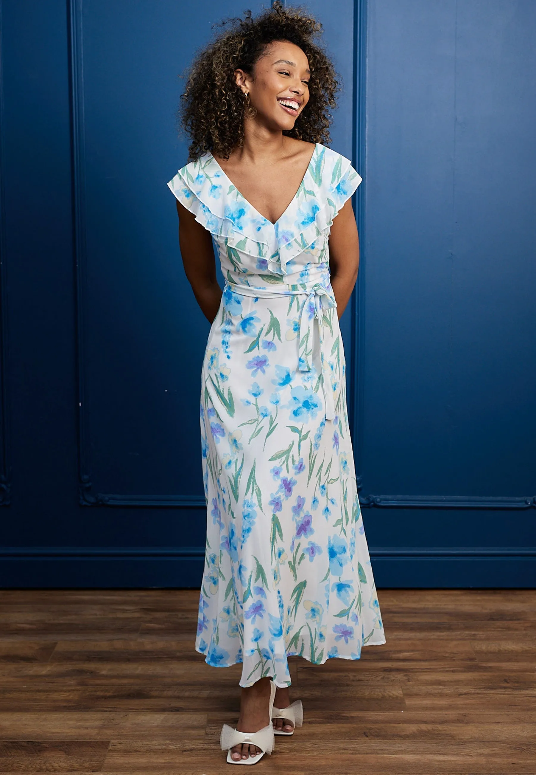 Flutter Sleeve Maxi Dress With Tie Belt In White Blue Floral by Angeleye sold by Goddiva product image thumbnail 2