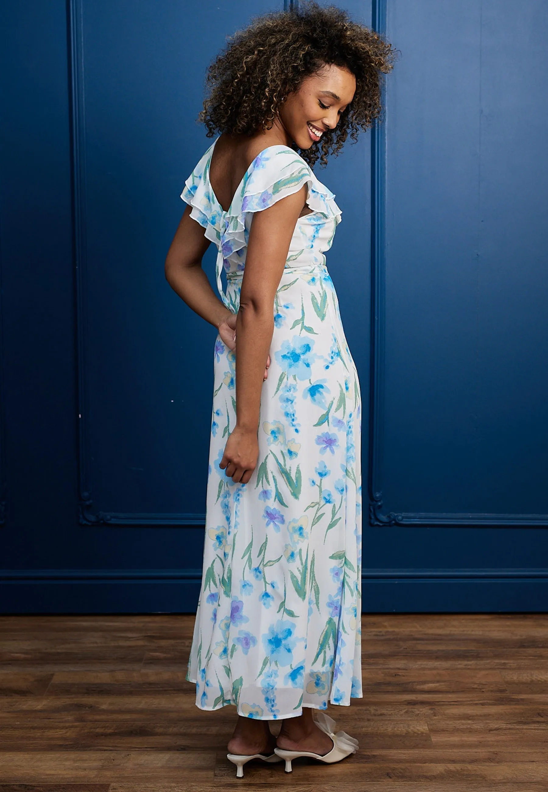 Flutter Sleeve Maxi Dress With Tie Belt In White Blue Floral by Angeleye sold by Goddiva product image thumbnail 5