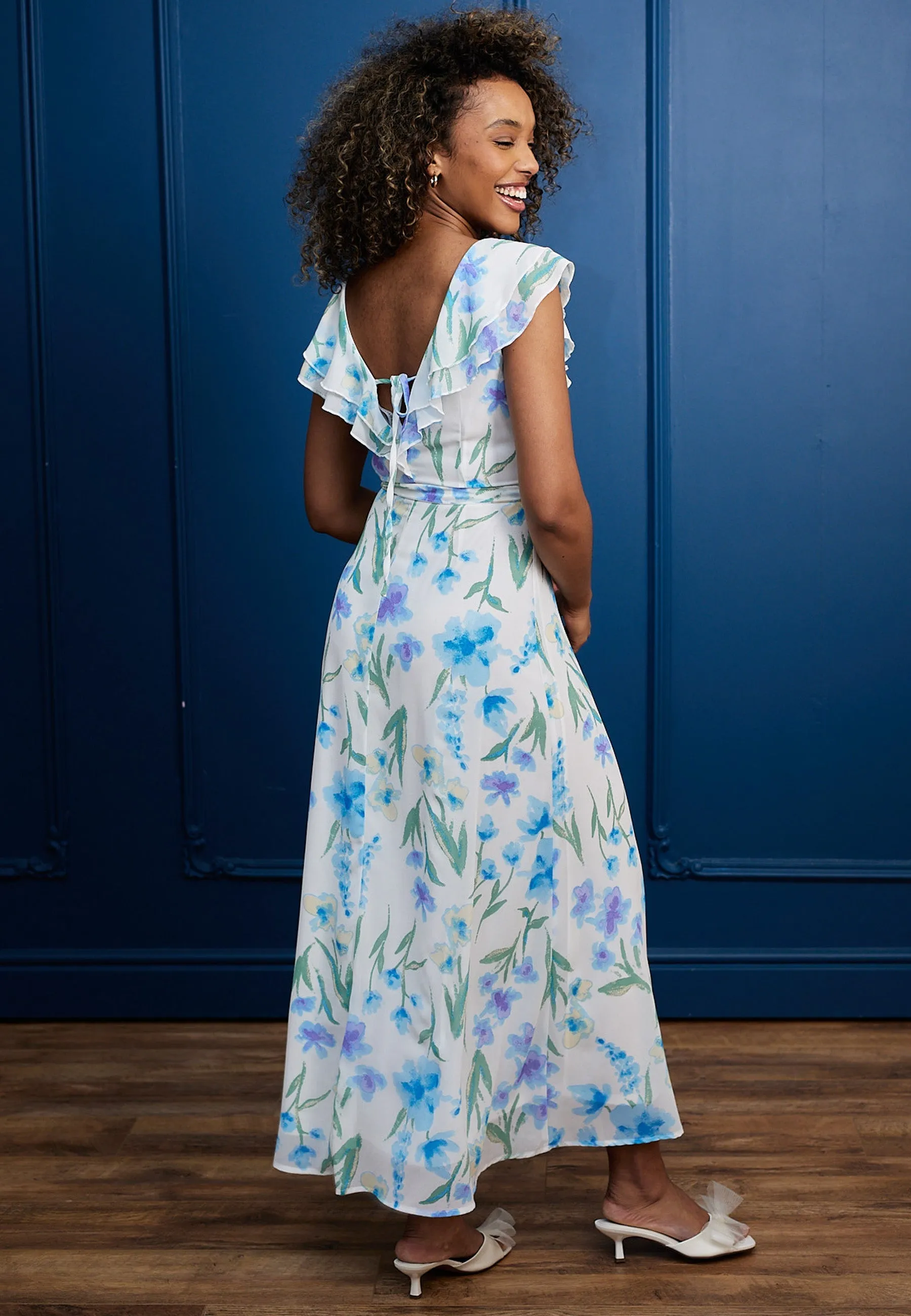 Flutter Sleeve Maxi Dress With Tie Belt In White Blue Floral by Angeleye sold by Goddiva product image thumbnail 3