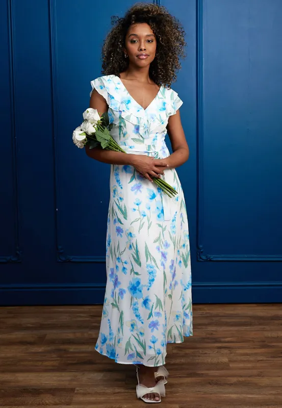 Flutter Sleeve Maxi Dress With Tie Belt In White Blue Floral by Angeleye sold by Goddiva