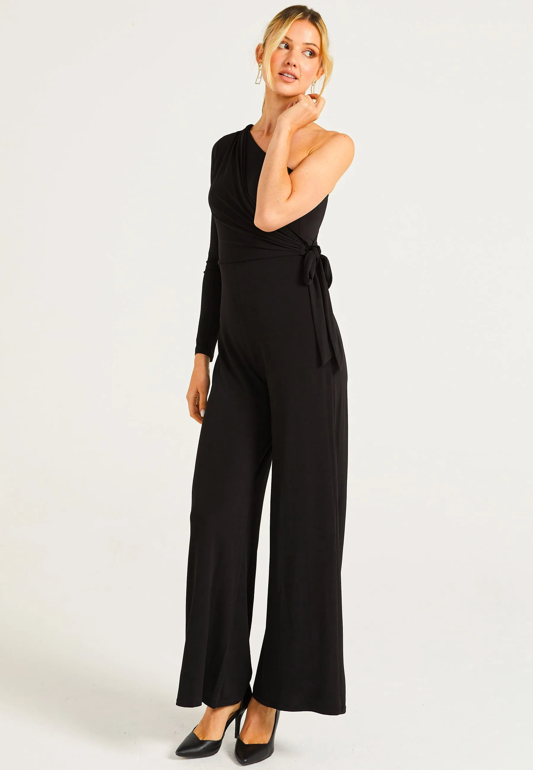 Wide Leg Jumpsuit In One Shoulder Long Sleeve by Angeleye sold by Goddiva product image thumbnail 4