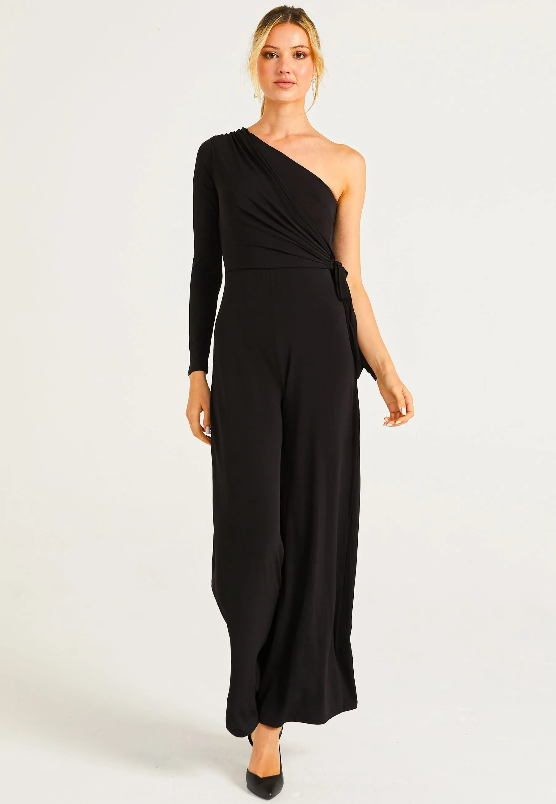 Wide Leg Jumpsuit In One Shoulder Long Sleeve by Angeleye sold by Goddiva