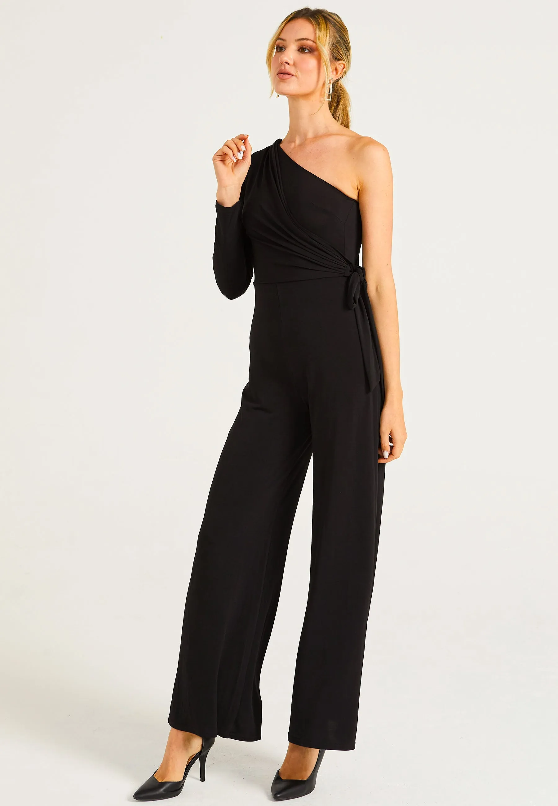 Wide Leg Jumpsuit In One Shoulder Long Sleeve by Angeleye sold by Goddiva product image thumbnail 2