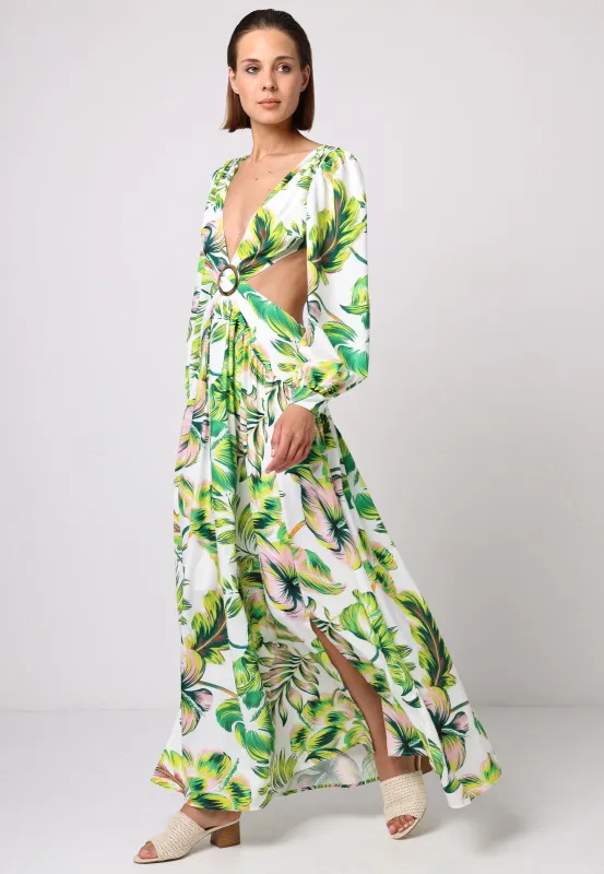 Cut Out Open Back Maxi Dress With Golden Buckle In Tropical Print by Angeleye sold by Goddiva