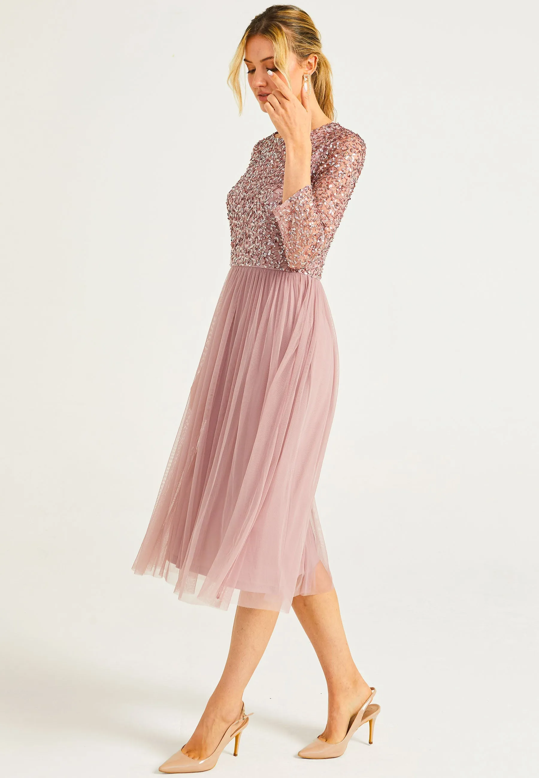 Embellished Sequin Long Sleeve Midi Dress In Lavender by Angeleye sold by Goddiva product image thumbnail 4