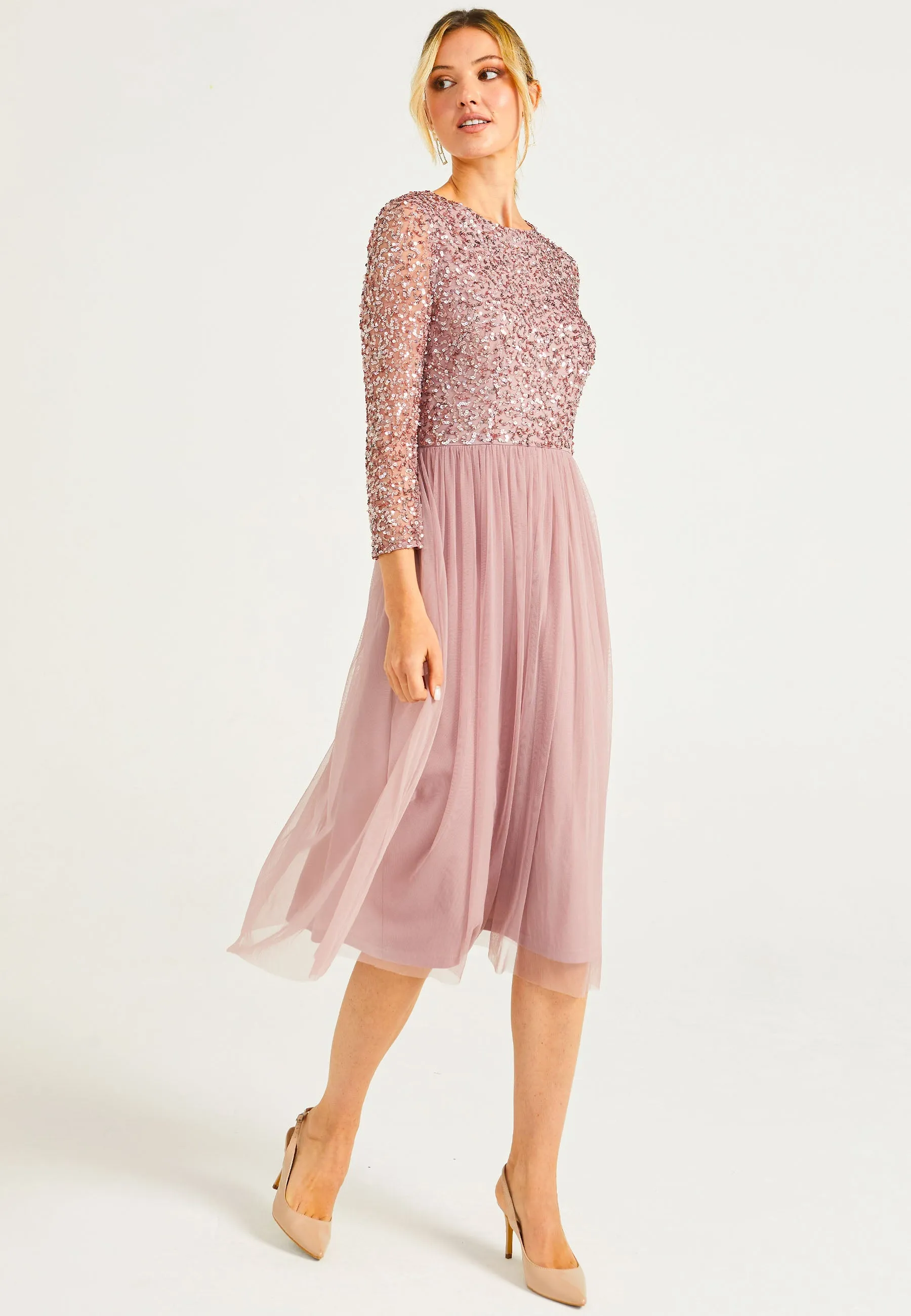 Embellished Sequin Long Sleeve Midi Dress In Lavender by Angeleye sold by Goddiva