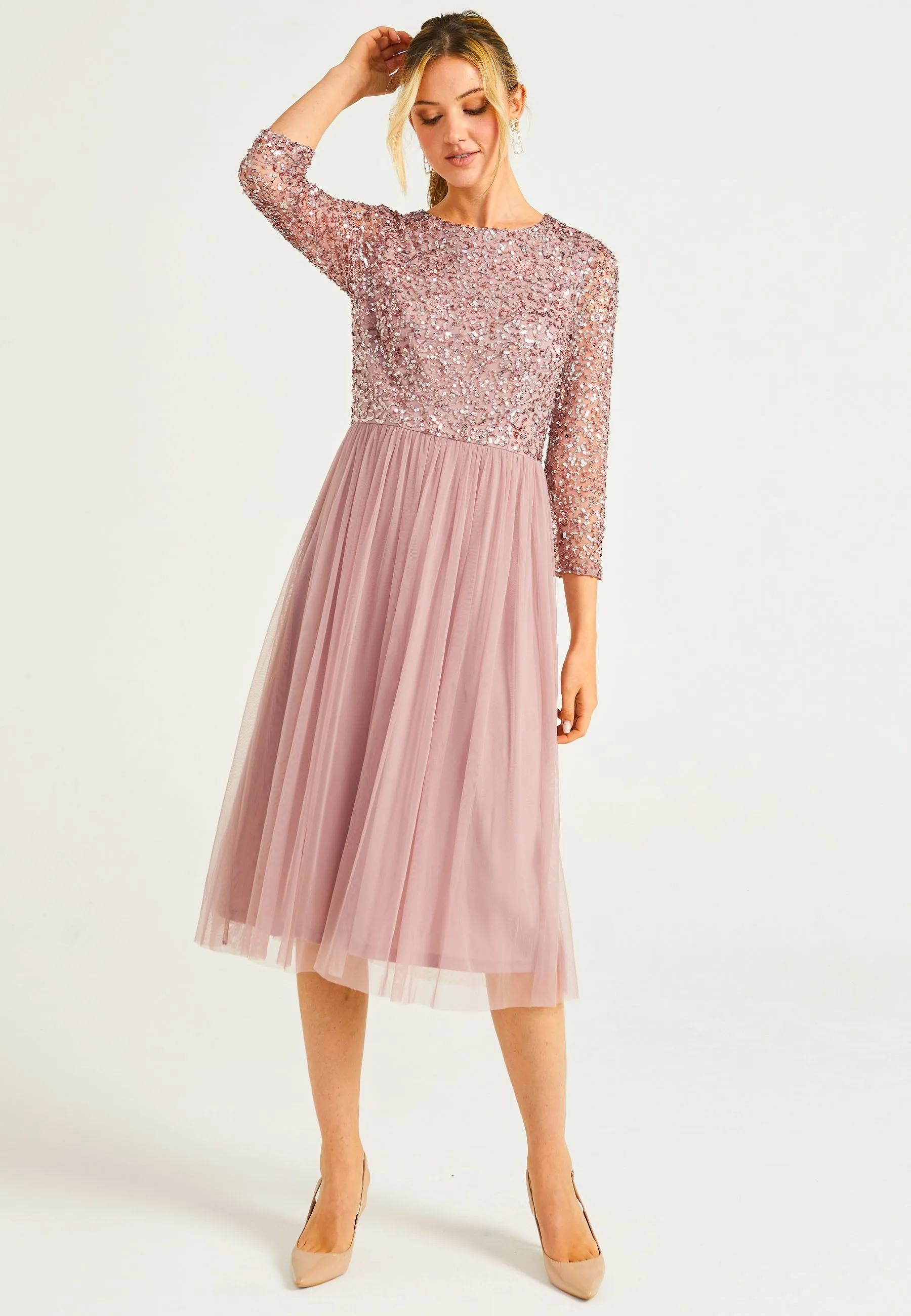 Embellished Sequin Long Sleeve Midi Dress In Lavender by Angeleye sold by Goddiva product image thumbnail 5