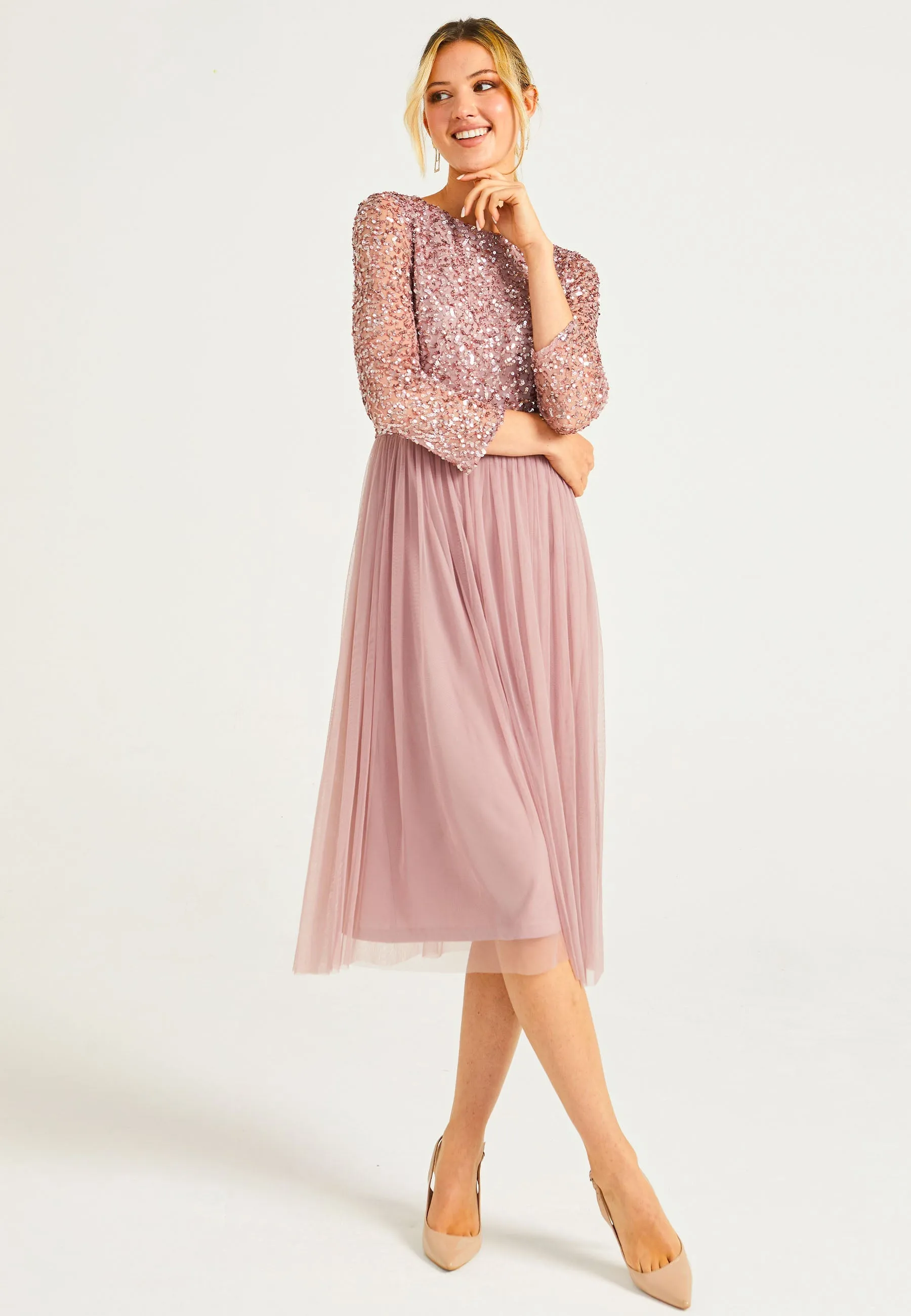 Embellished Sequin Long Sleeve Midi Dress In Lavender by Angeleye sold by Goddiva product image thumbnail 2