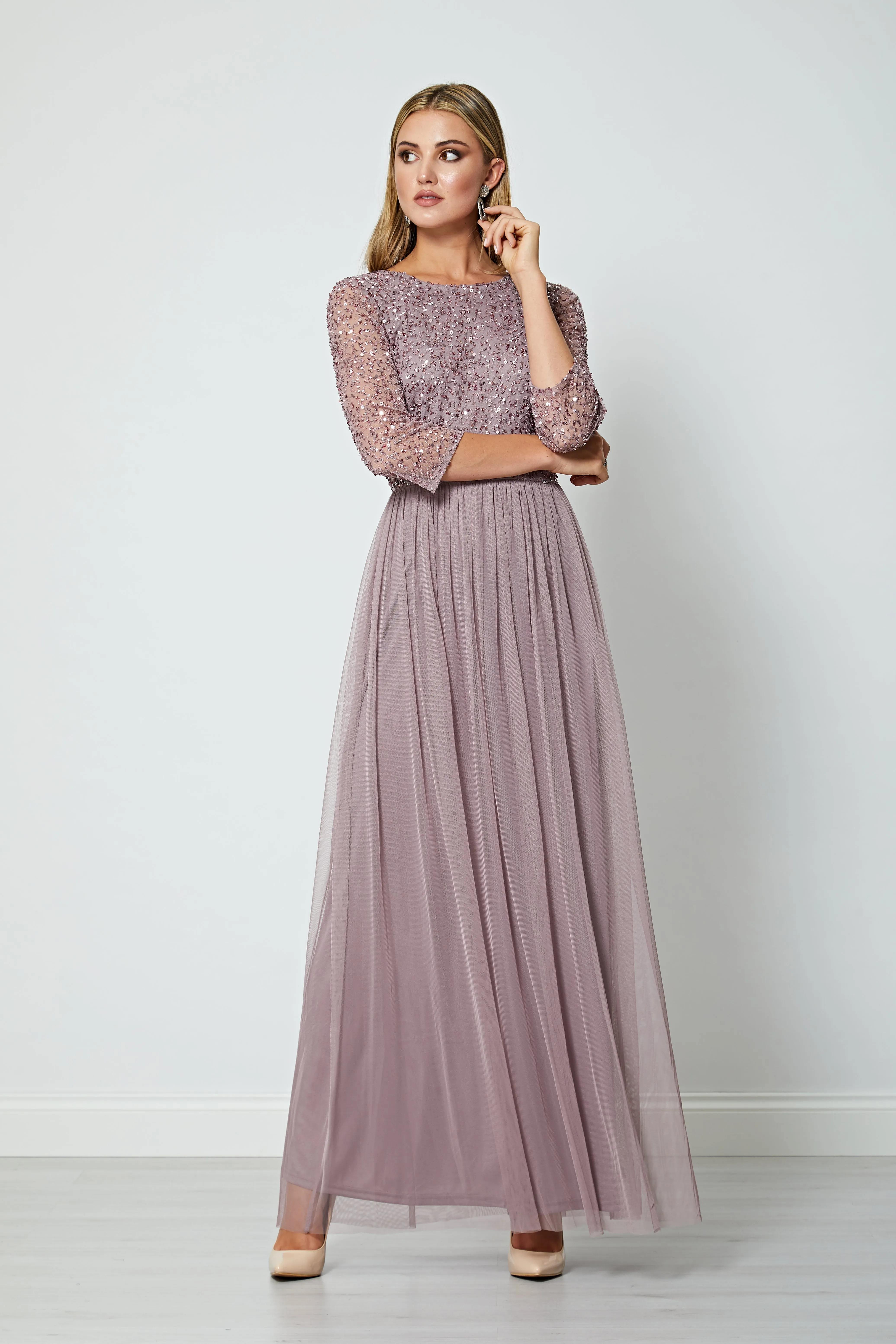 Embellished Sequin Long Sleeve Maxi Dress In Lavender by Angeleye sold by Goddiva product image thumbnail 4