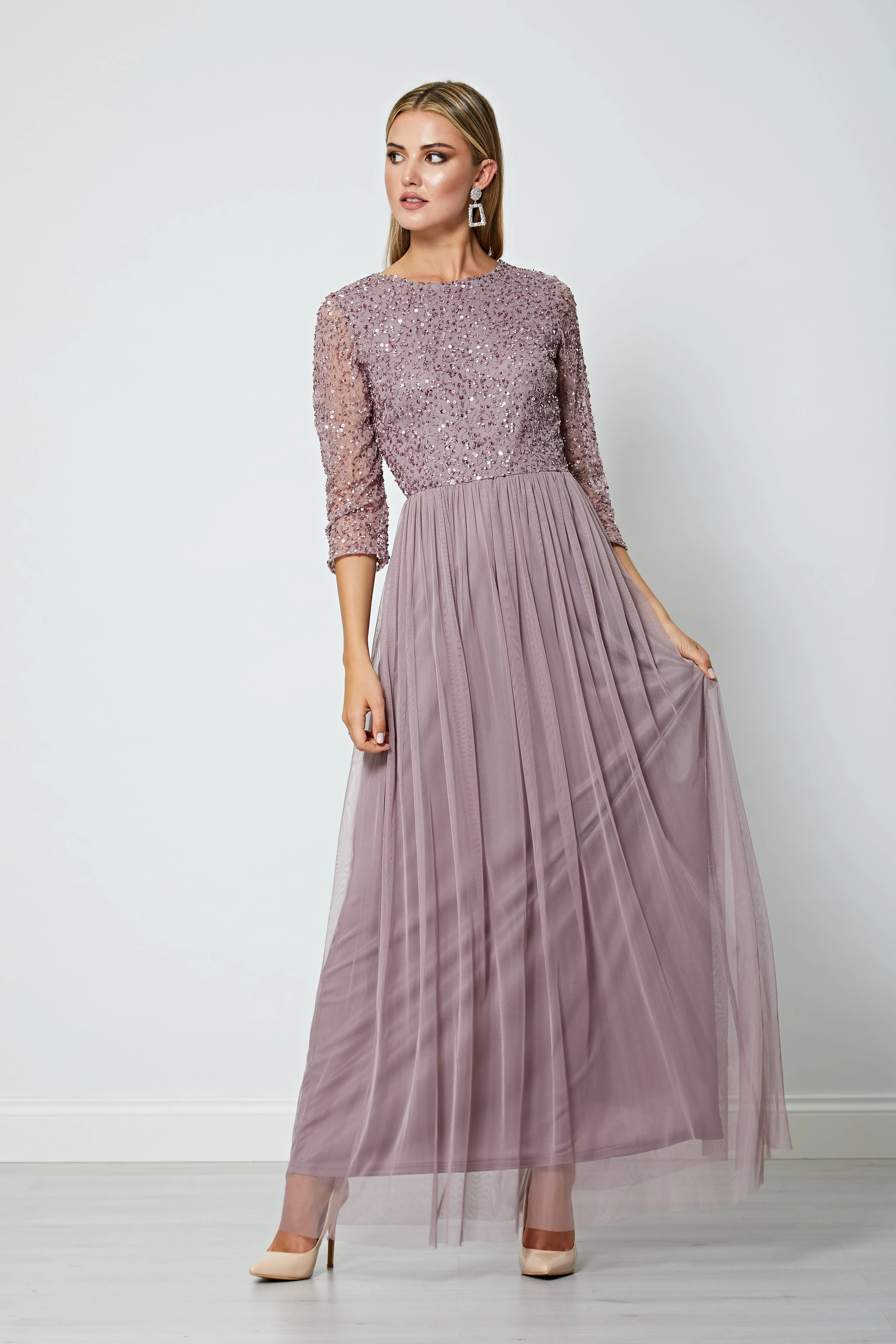 Embellished Sequin Long Sleeve Maxi Dress In Lavender by Angeleye sold by Goddiva