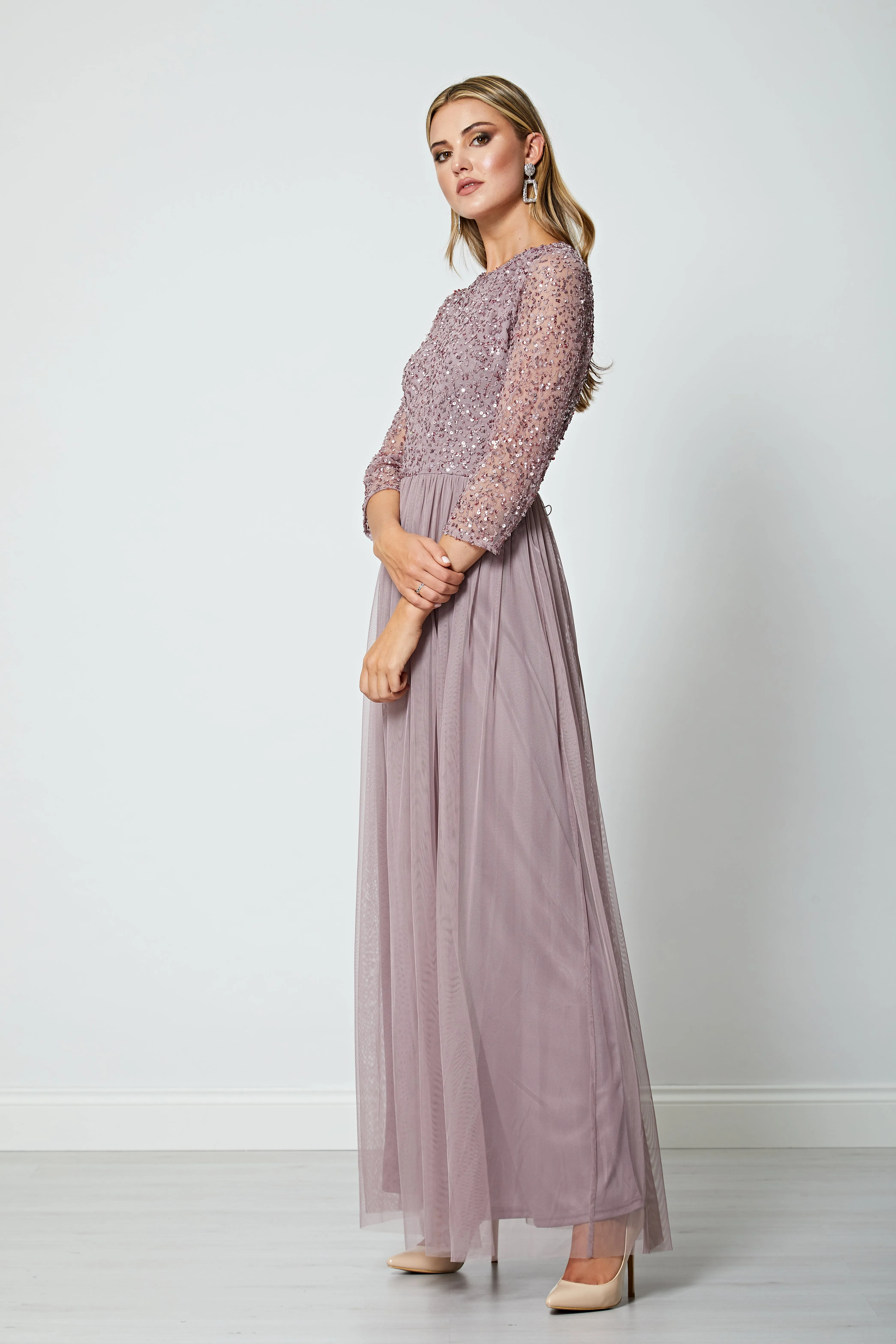 Embellished Sequin Long Sleeve Maxi Dress In Lavender by Angeleye sold by Goddiva product image thumbnail 5