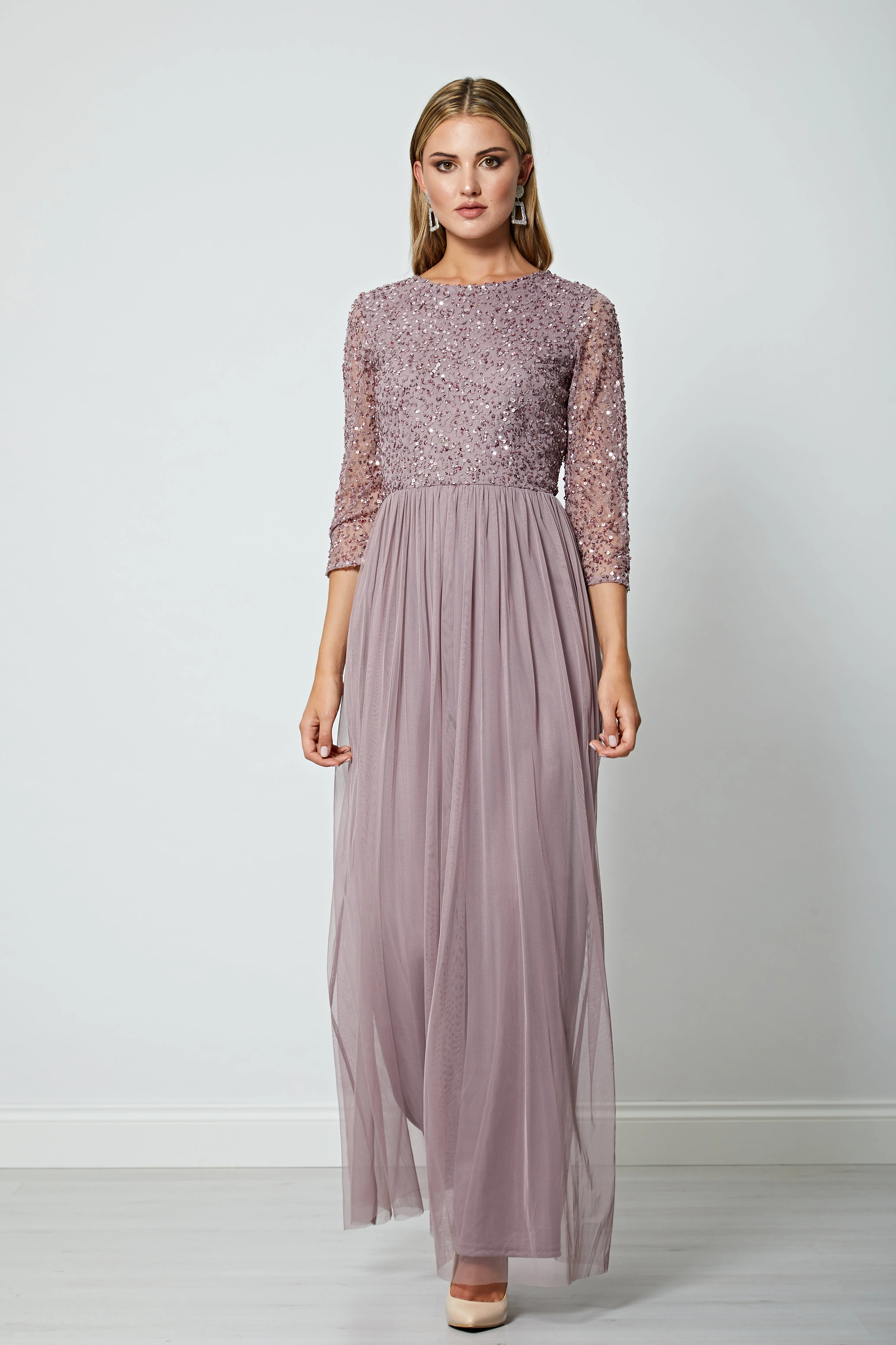 Embellished Sequin Long Sleeve Maxi Dress In Lavender by Angeleye sold by Goddiva product image thumbnail 3