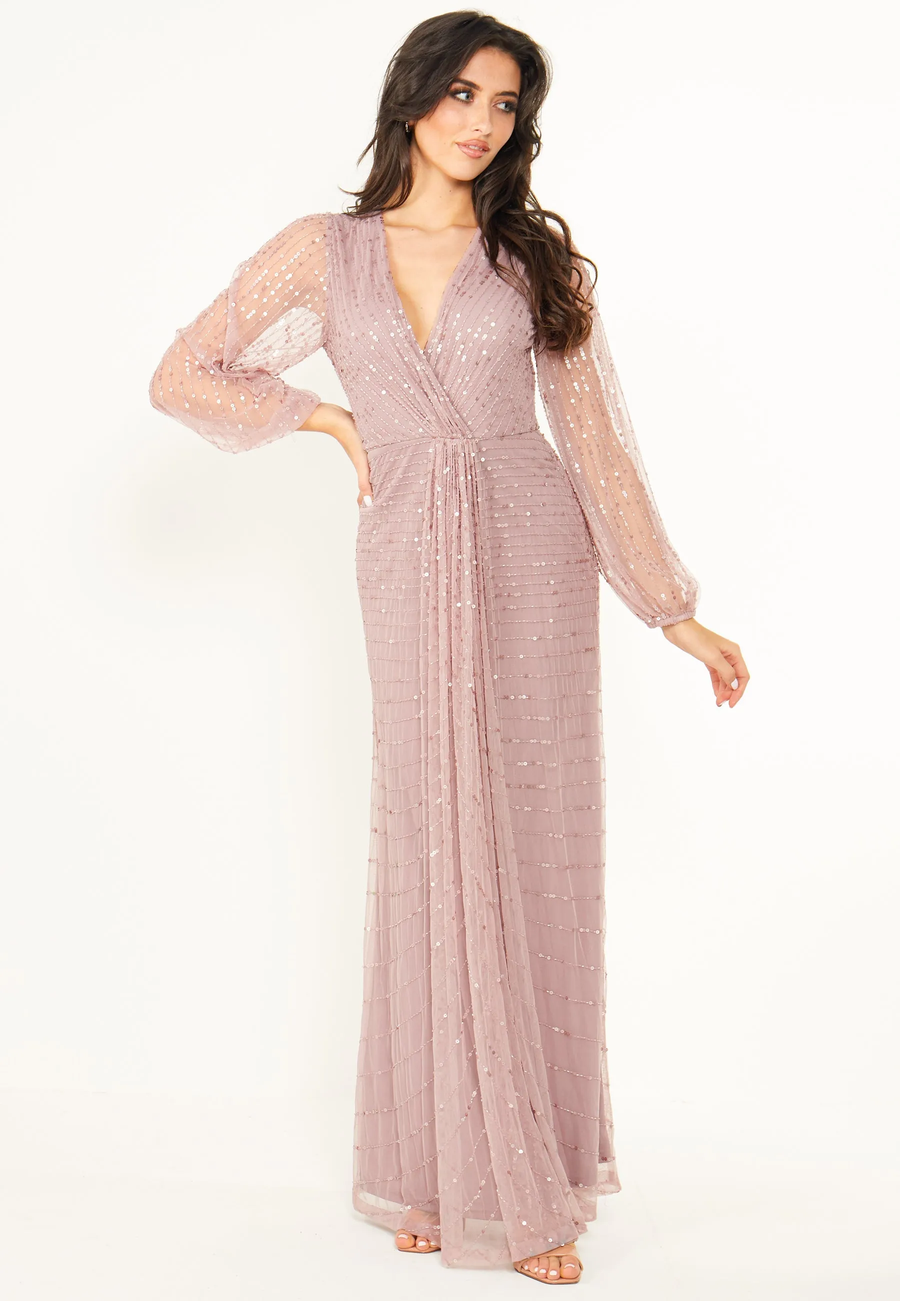 Embellished Long Mesh Sleeve Maxi Dress In Lavender by Angeleye sold by Goddiva product image thumbnail 4