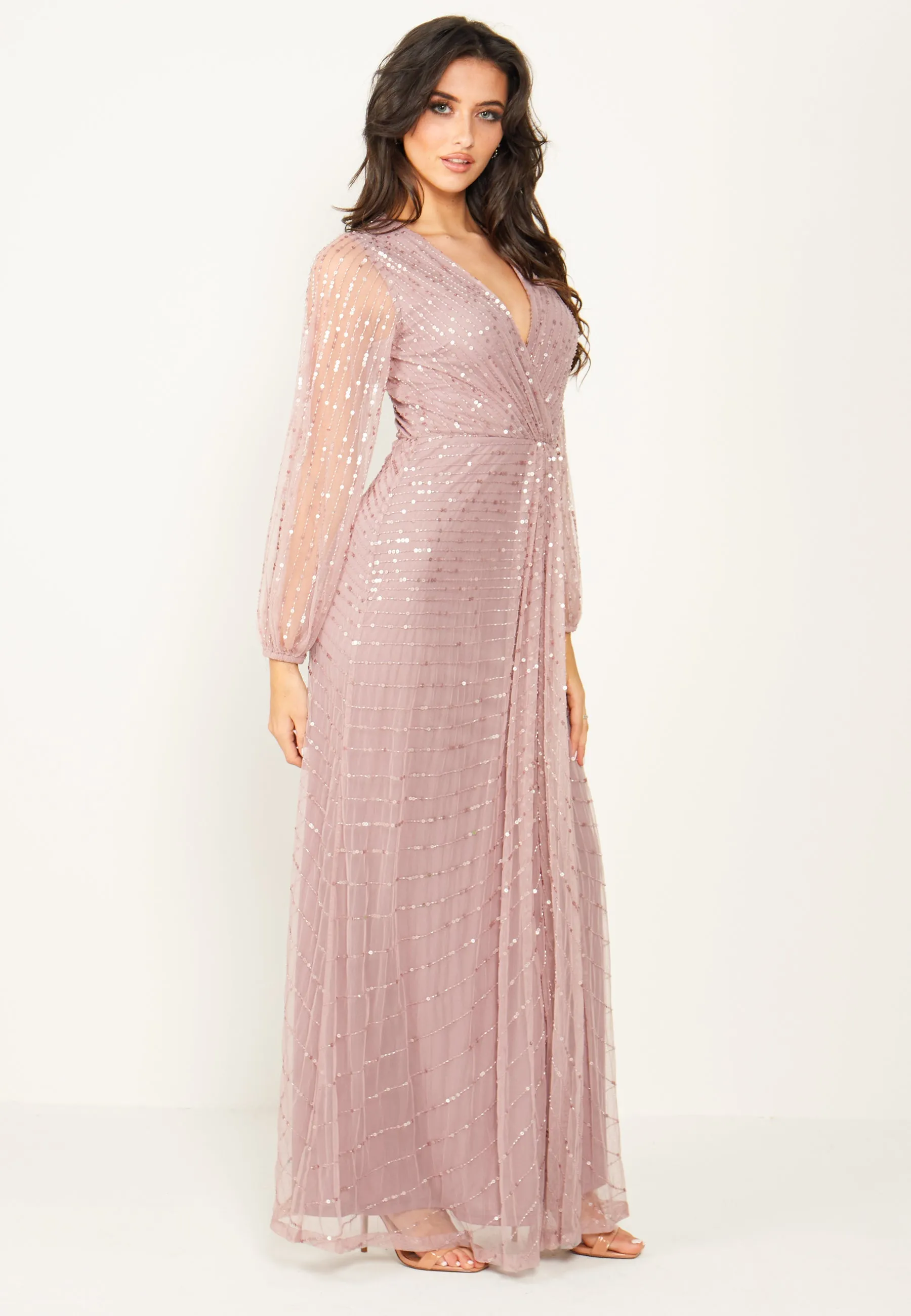 Embellished Long Mesh Sleeve Maxi Dress In Lavender by Angeleye sold by Goddiva product image thumbnail 5