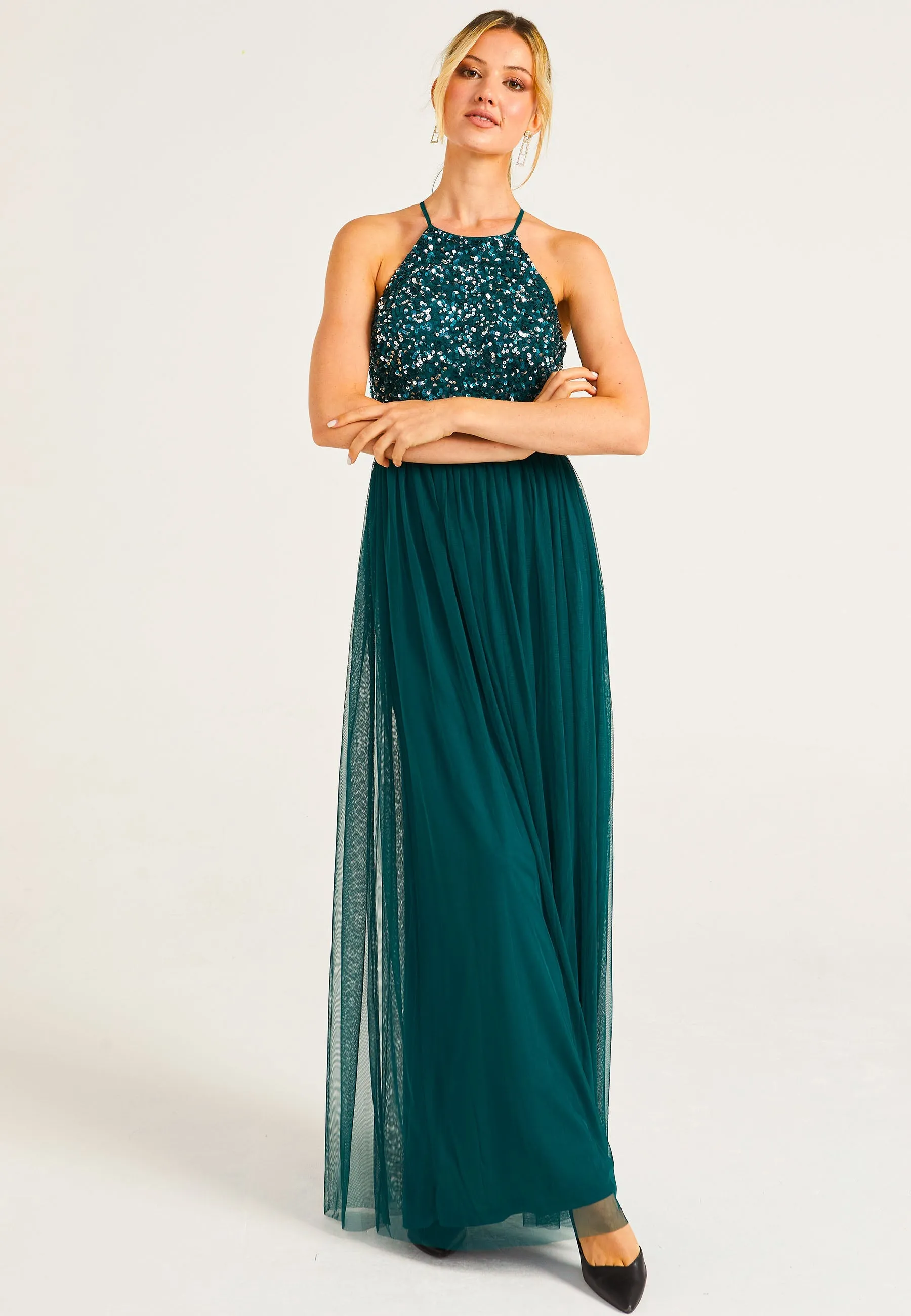 Embellished Halter Neck Maxi Dress In Emerald Green by Angeleye sold by Goddiva product image thumbnail 5