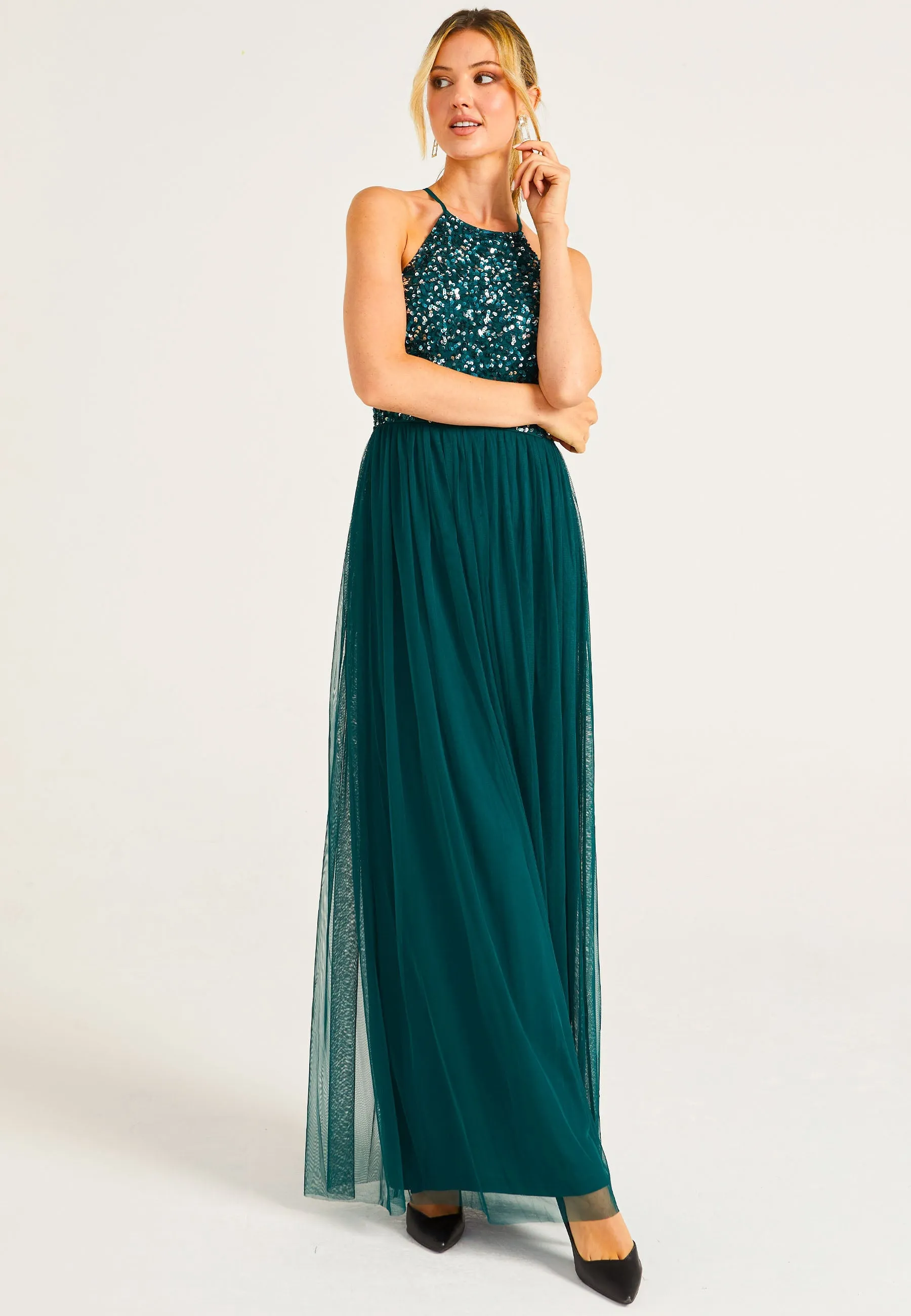 Embellished Halter Neck Maxi Dress In Emerald Green by Angeleye sold by Goddiva product image thumbnail 2