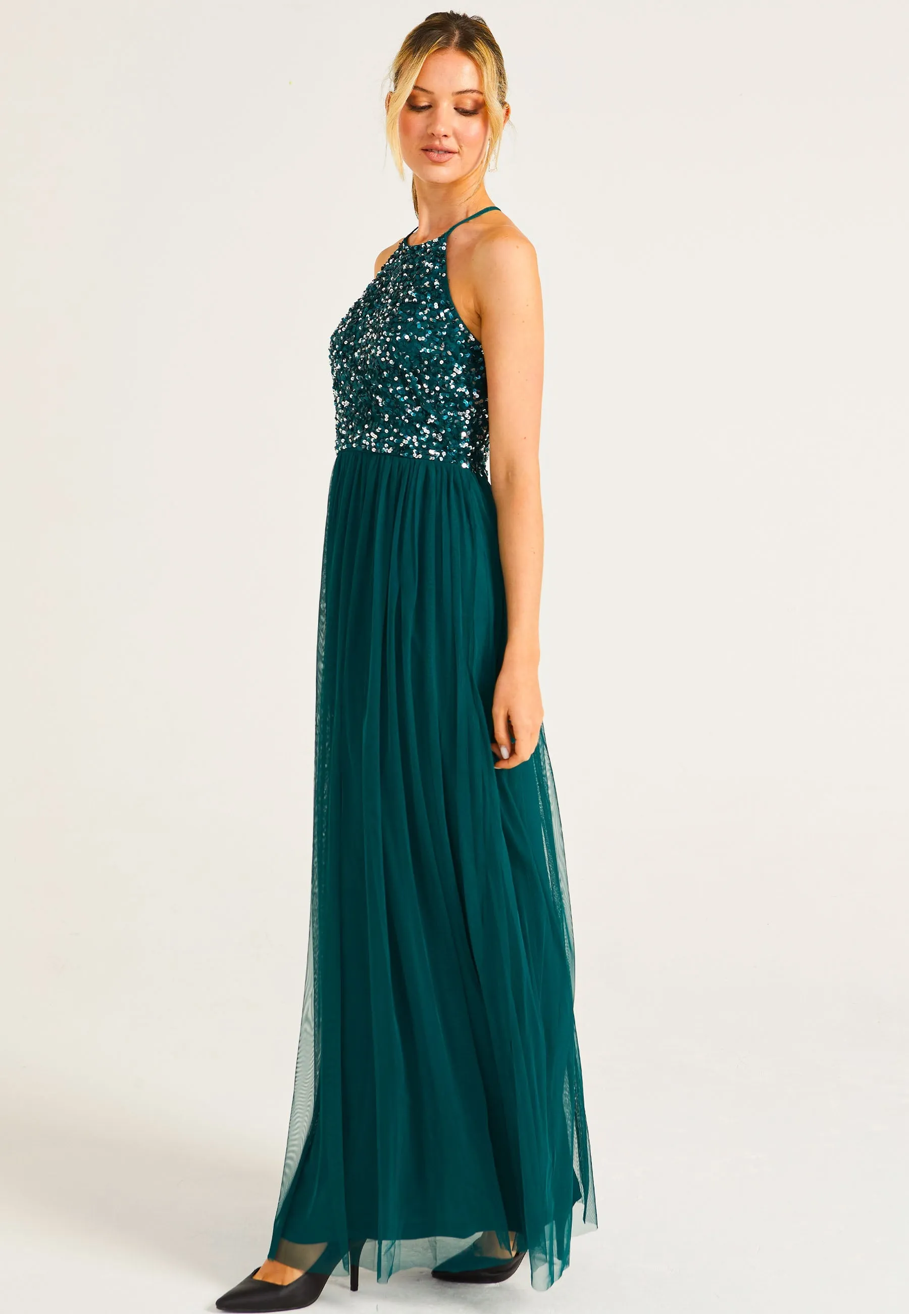 Embellished Halter Neck Maxi Dress In Emerald Green by Angeleye sold by Goddiva product image thumbnail 4