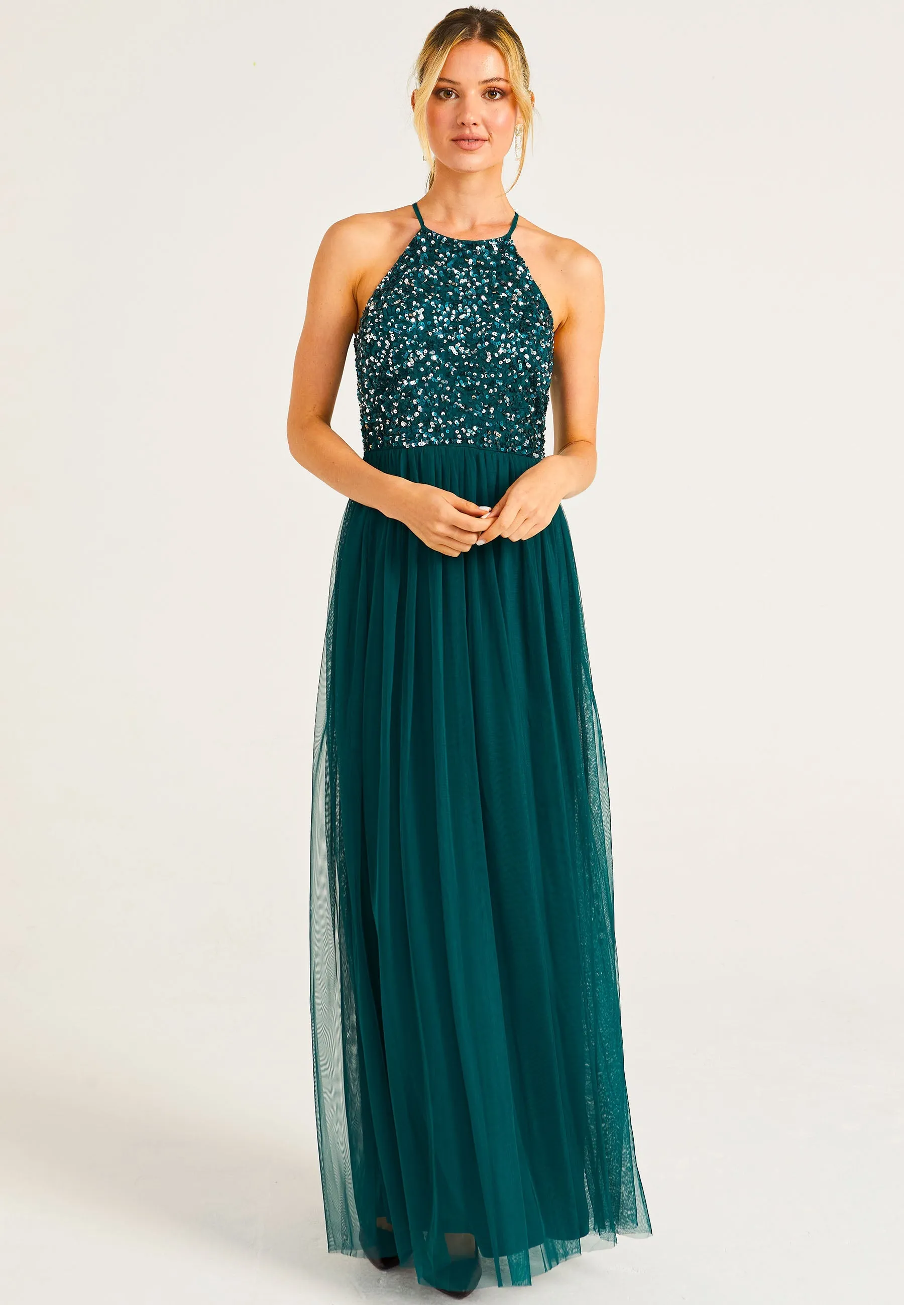 Embellished Halter Neck Maxi Dress In Emerald Green by Angeleye sold by Goddiva