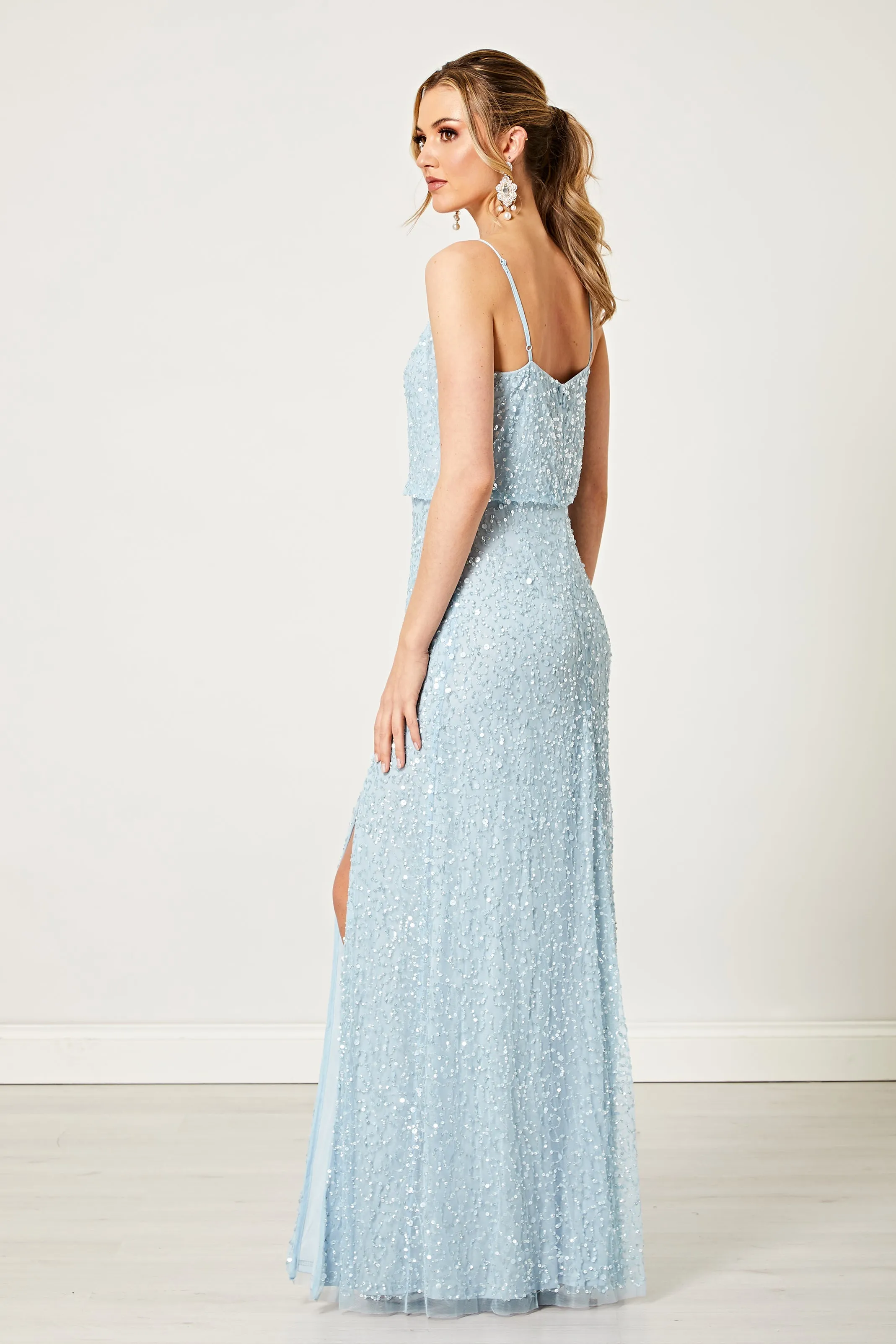 Scatter Embellished Sequin Maxi Dress In Silver Blue by Angeleye sold by Goddiva product image thumbnail 2
