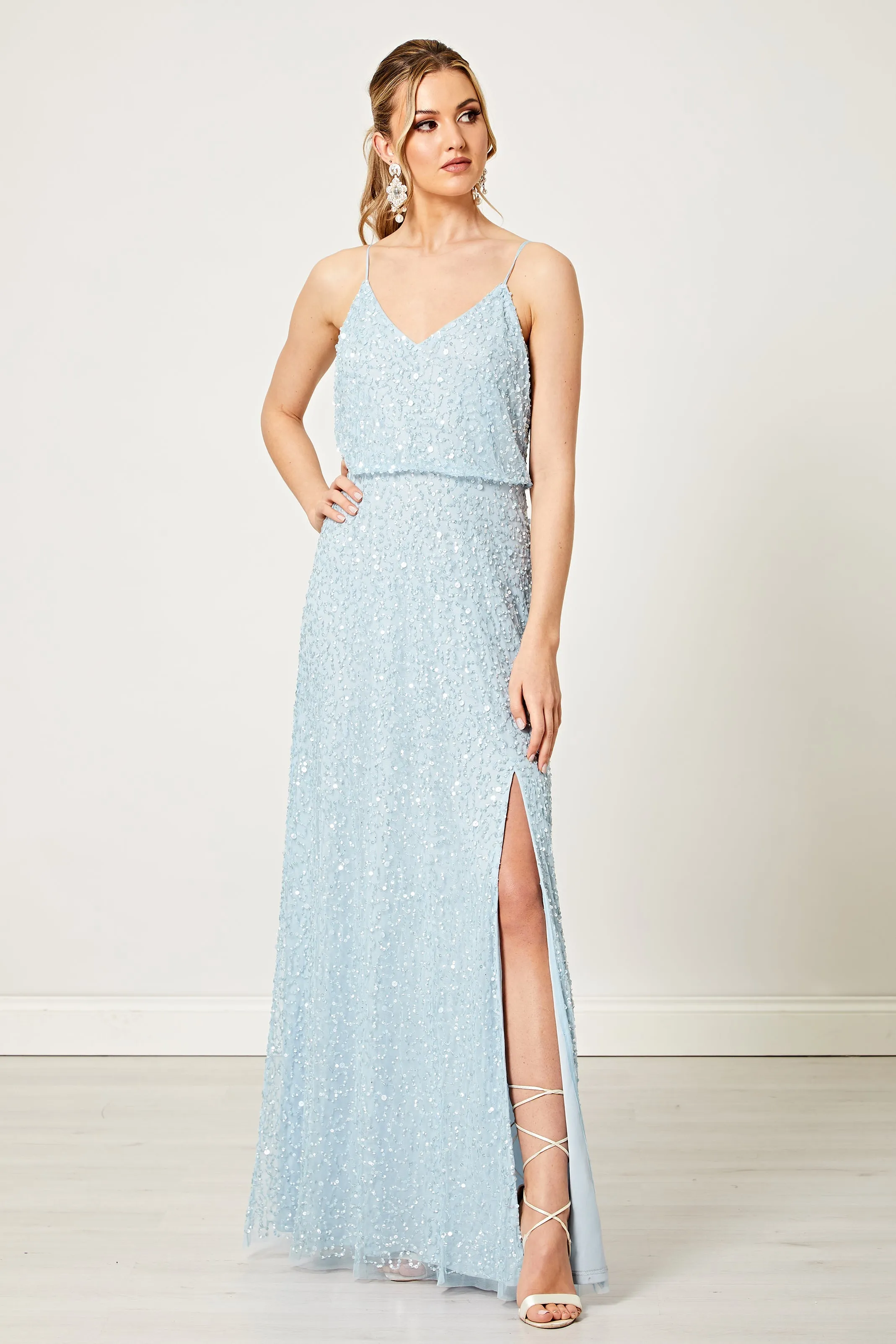Scatter Embellished Sequin Maxi Dress In Silver Blue by Angeleye sold by Goddiva