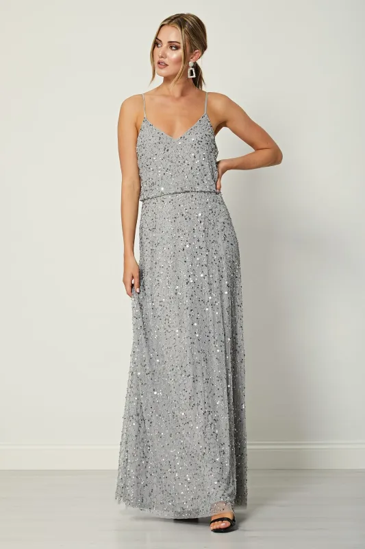 Cami Sequin Embellished Maxi Dress In Grey by Angeleye sold by Goddiva