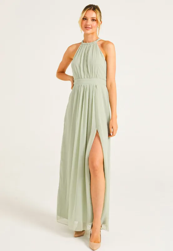 Beaded Halterneck Maxi Dress In Sage Green by Angeleye sold by Goddiva