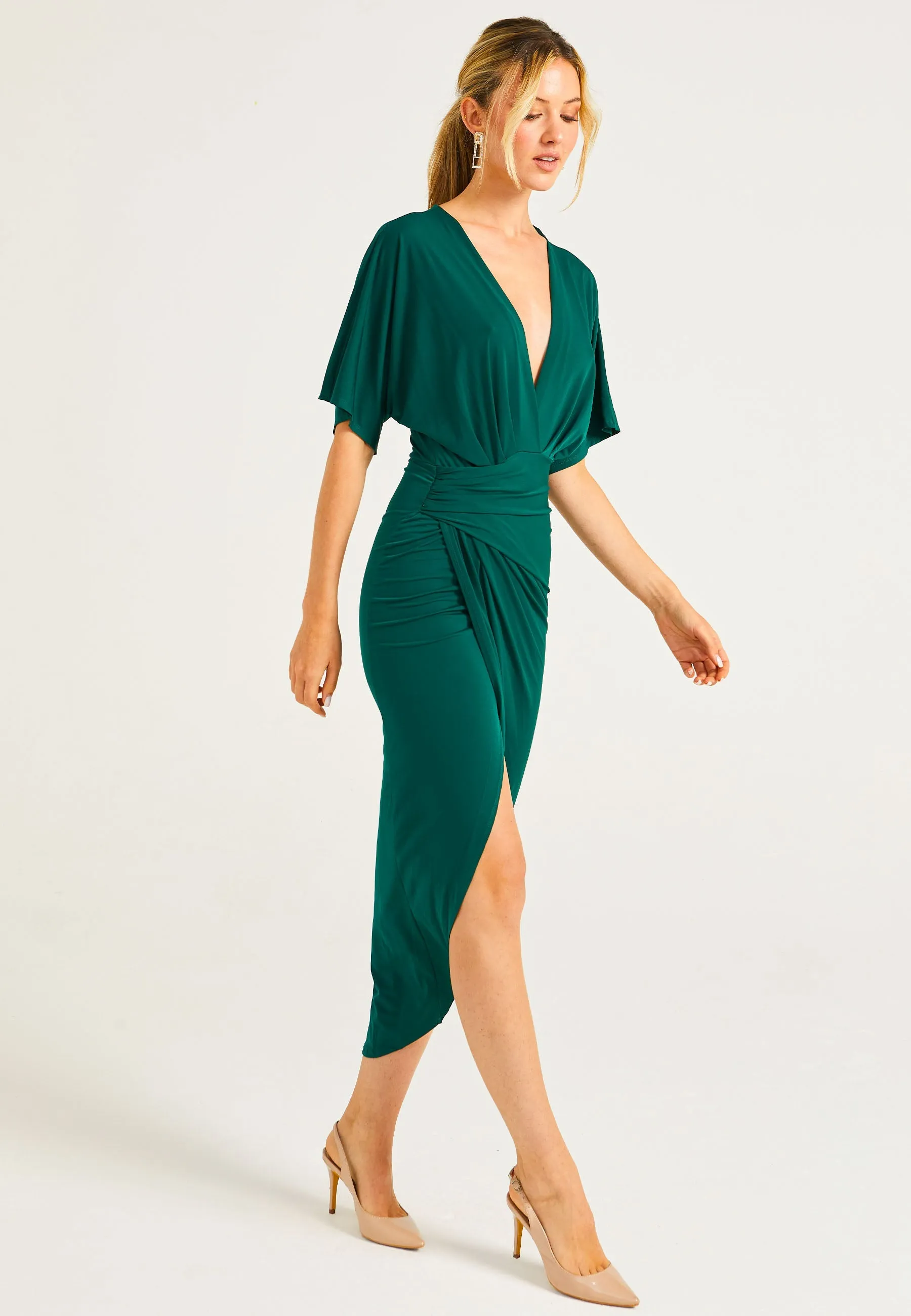 Plunge Neck Wrap Style Midi Dress With Flutter Sleeve by Angeleye sold by Goddiva product image thumbnail 3