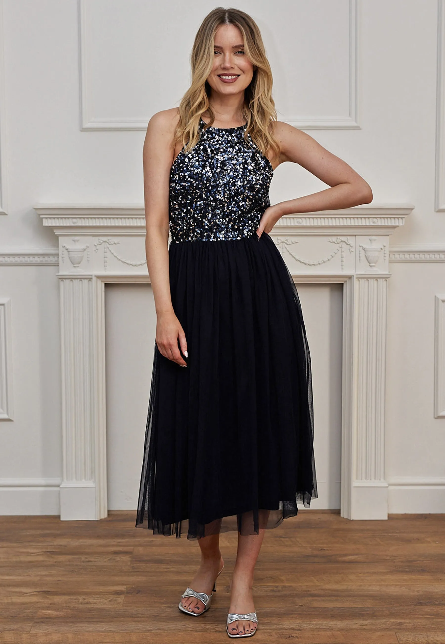 Embellished Halterneck Sequin Midi Dress In Navy by Angeleye sold by Goddiva product image thumbnail 5