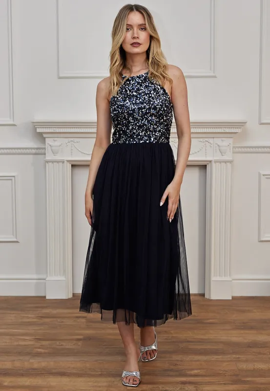 Embellished Halterneck Sequin Midi Dress In Navy by Angeleye sold by Goddiva
