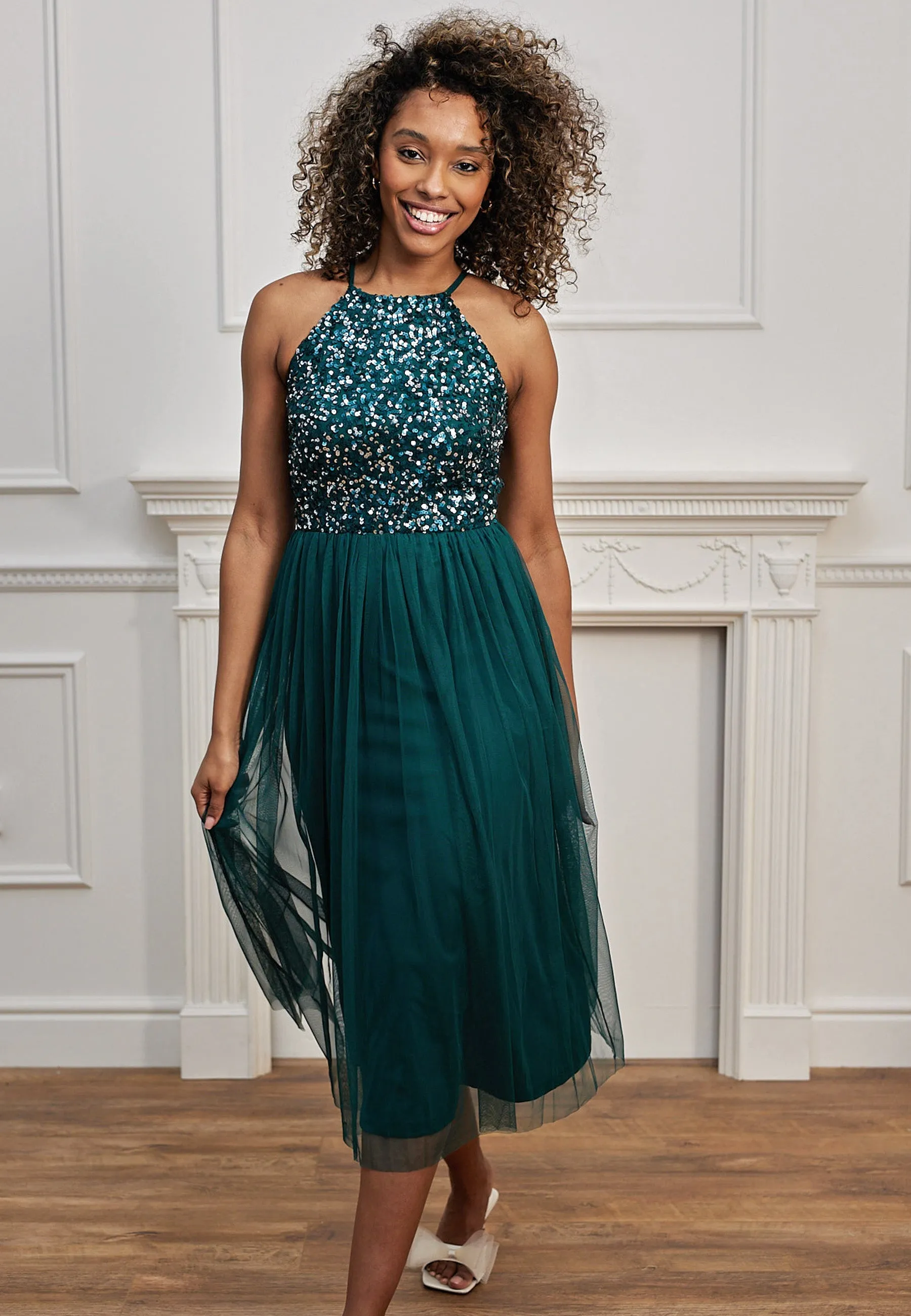 Embellished Halterneck Sequin Midi Dress In Emerald Green by Angeleye sold by Goddiva product image thumbnail 4