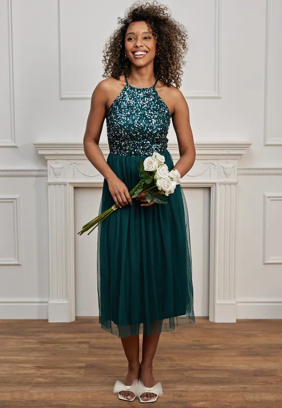 Embellished Halterneck Sequin Midi Dress In Emerald Green by Angeleye sold by Goddiva