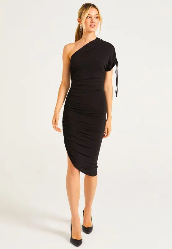 BodyCon Midi Dress With One Shoulder Adjustable Sleeve by Angeleye sold by Goddiva