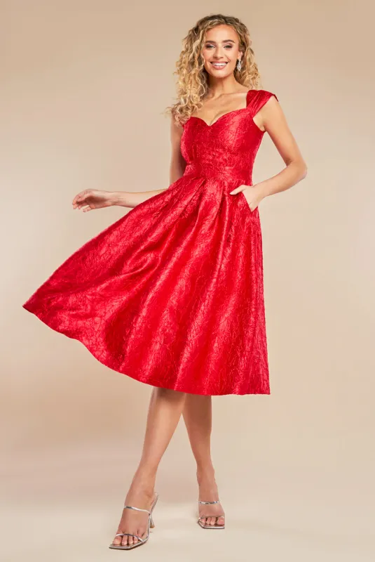 Crushed Satin Sleeveless A Line Midi Dress - Red by Goddiva sold by Goddiva