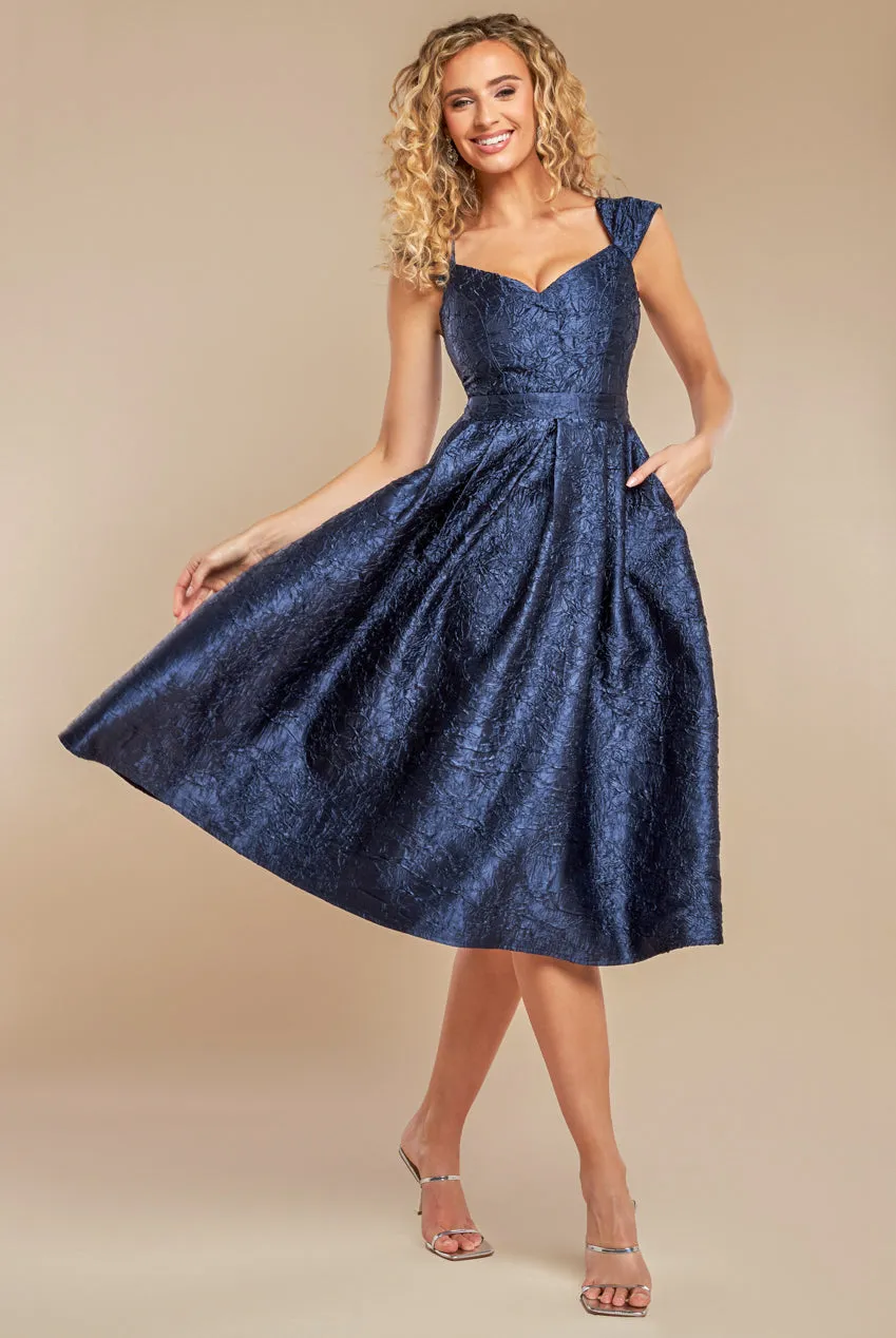Crushed Satin Sleeveless A Line Midi Dress - Navy Blue by Goddiva sold by Goddiva