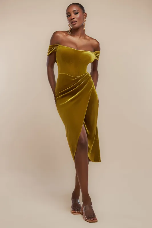 Draped Shoulder Velvet Corset Midi Dress - Olive Green by Goddiva sold by Goddiva