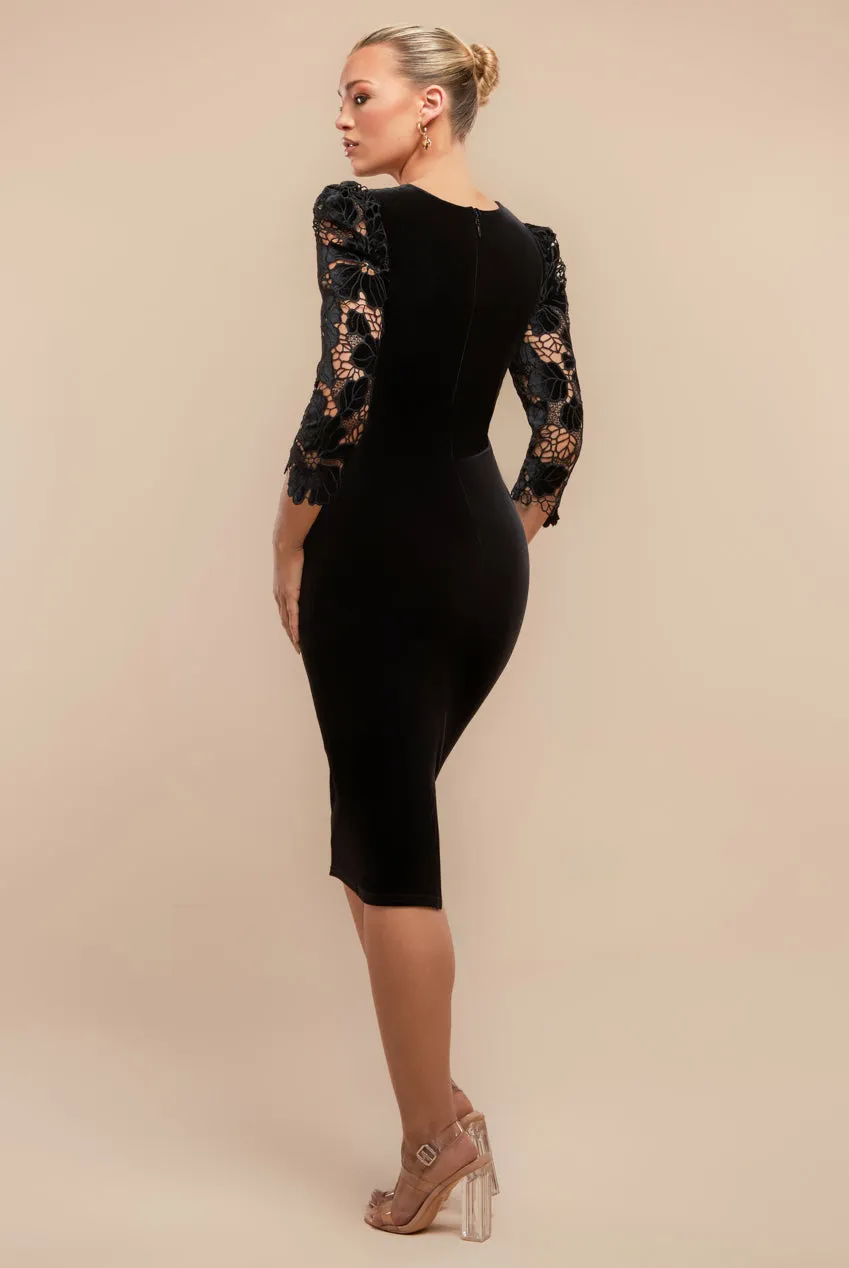 Scalloped Crochet & Velvet Midi Dress - Black by Goddiva sold by Goddiva product image thumbnail 2