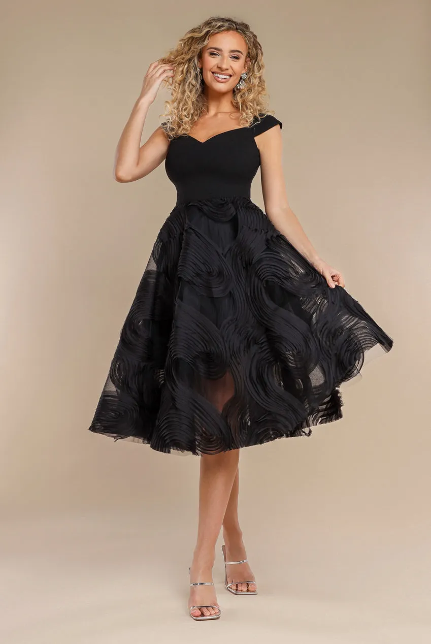 Scuba & Textured Chiffon A Line Midi Dress - Black by Goddiva sold by Goddiva